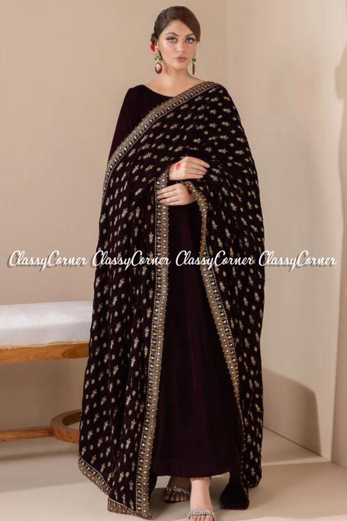 Gorgeous Maroon Golden Velvet Embroidered Shawl