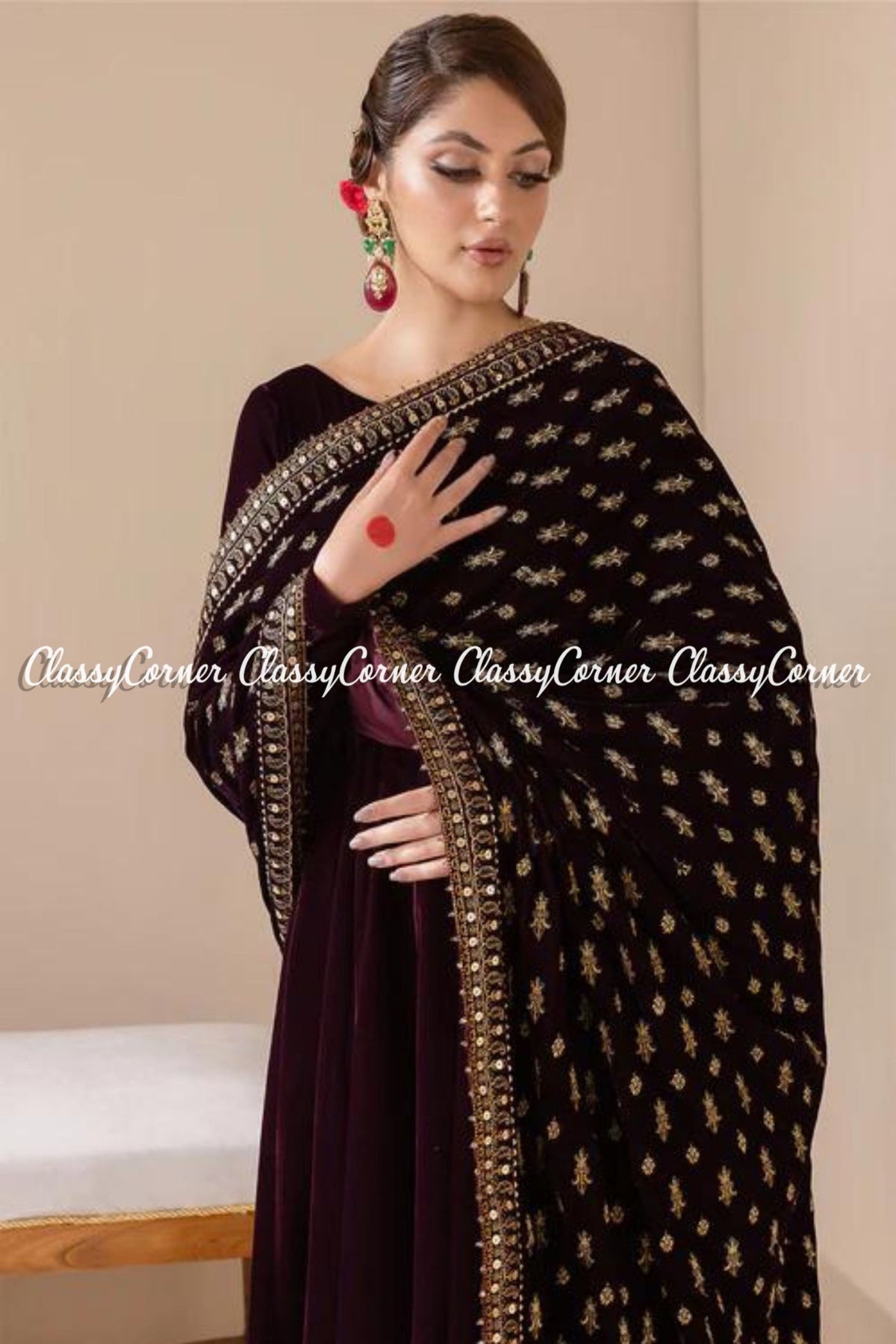 Gorgeous Maroon Golden Velvet Embroidered Shawl