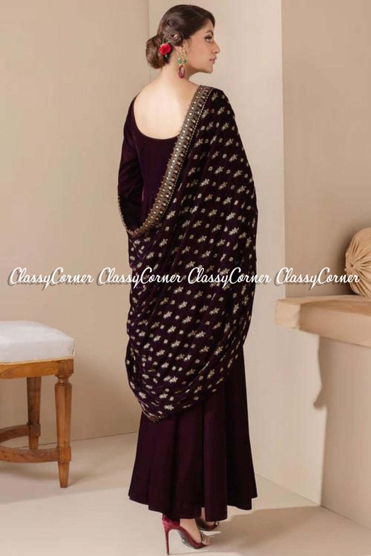 Gorgeous Maroon Golden Velvet Embroidered Shawl