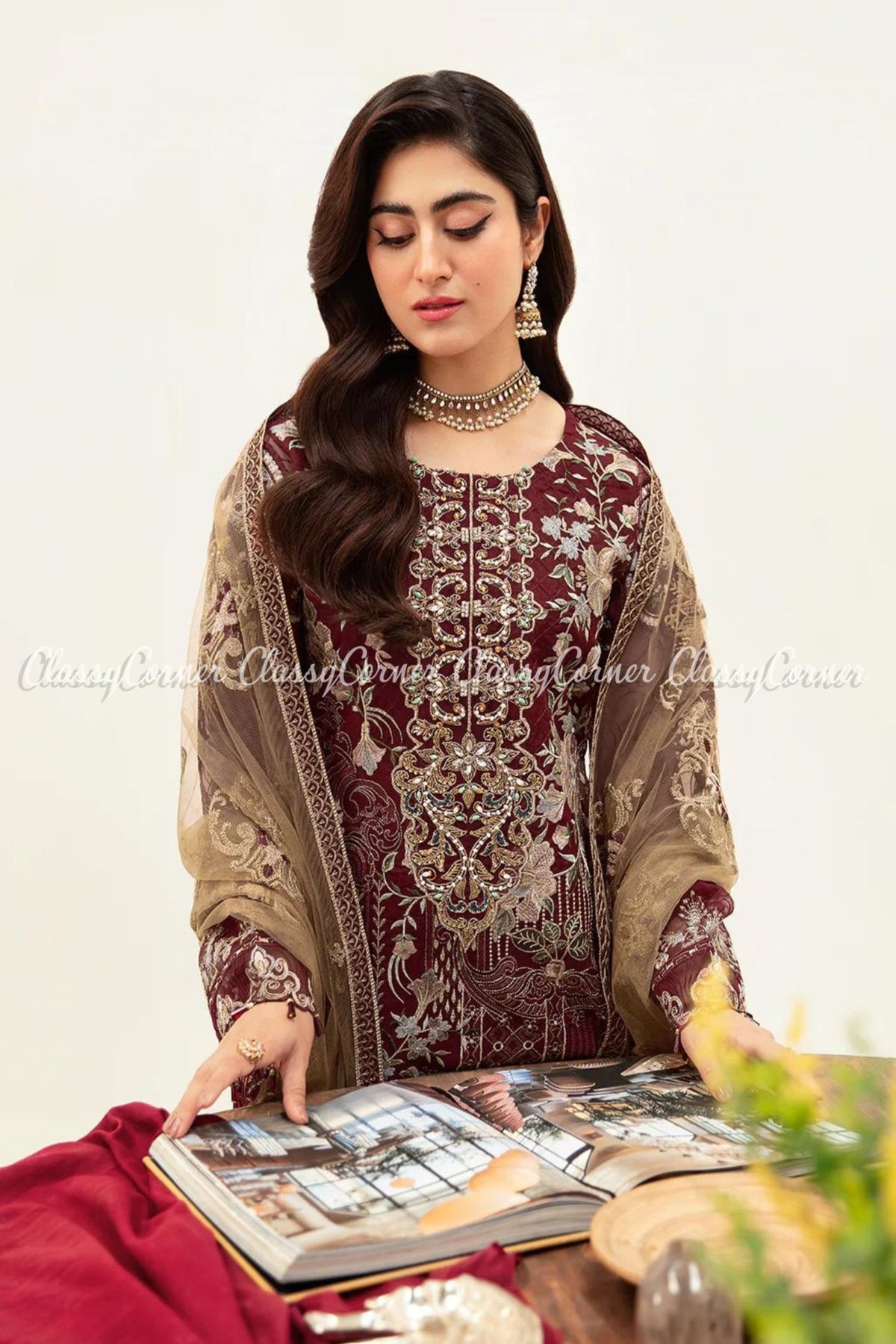 Maroon Organza Embroidered 3pc Suit