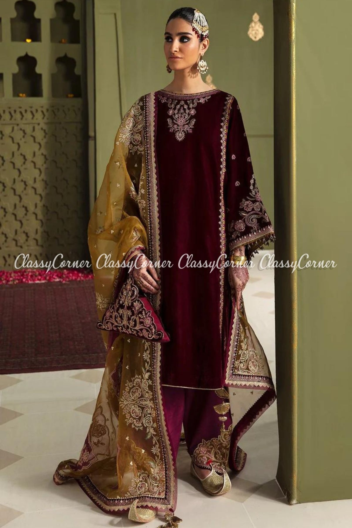 Maroon Mustard Velvet Embroidered Party Wear Suit