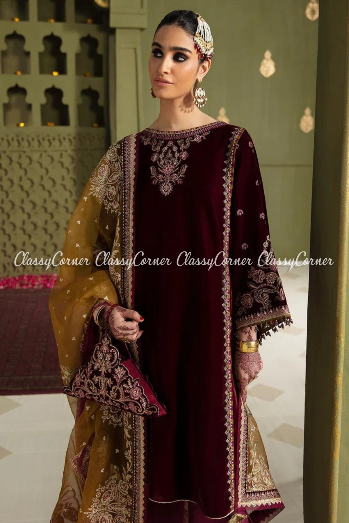 Maroon Mustard Velvet Embroidered Party Wear Suit