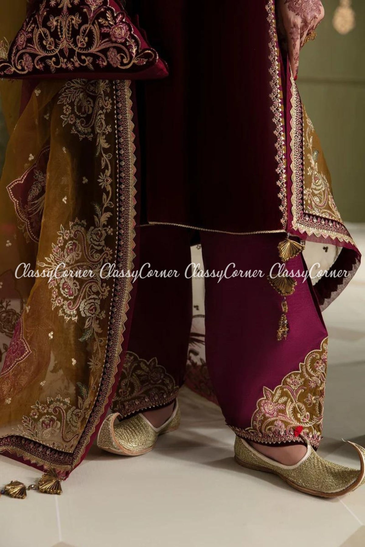 Maroon Mustard Velvet Embroidered Party Wear Suit