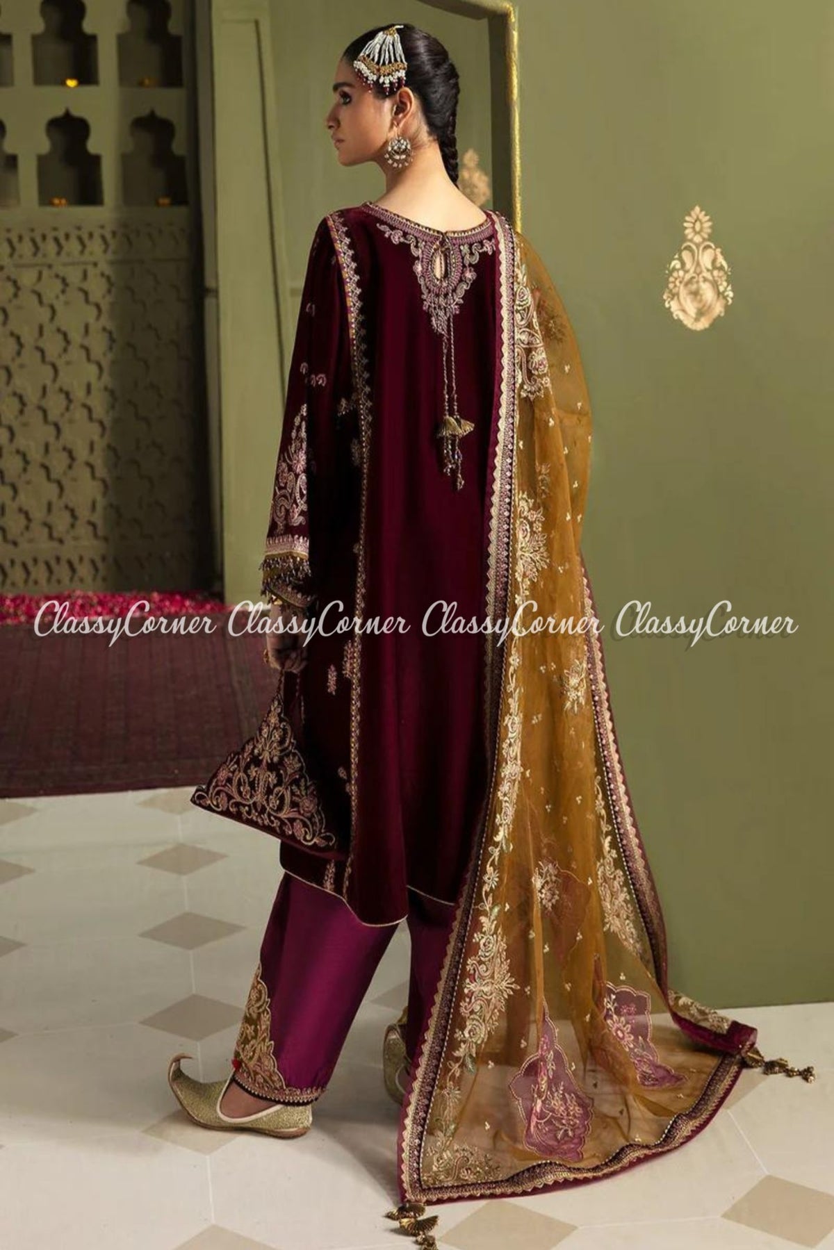 Maroon Mustard Velvet Embroidered Party Wear Suit