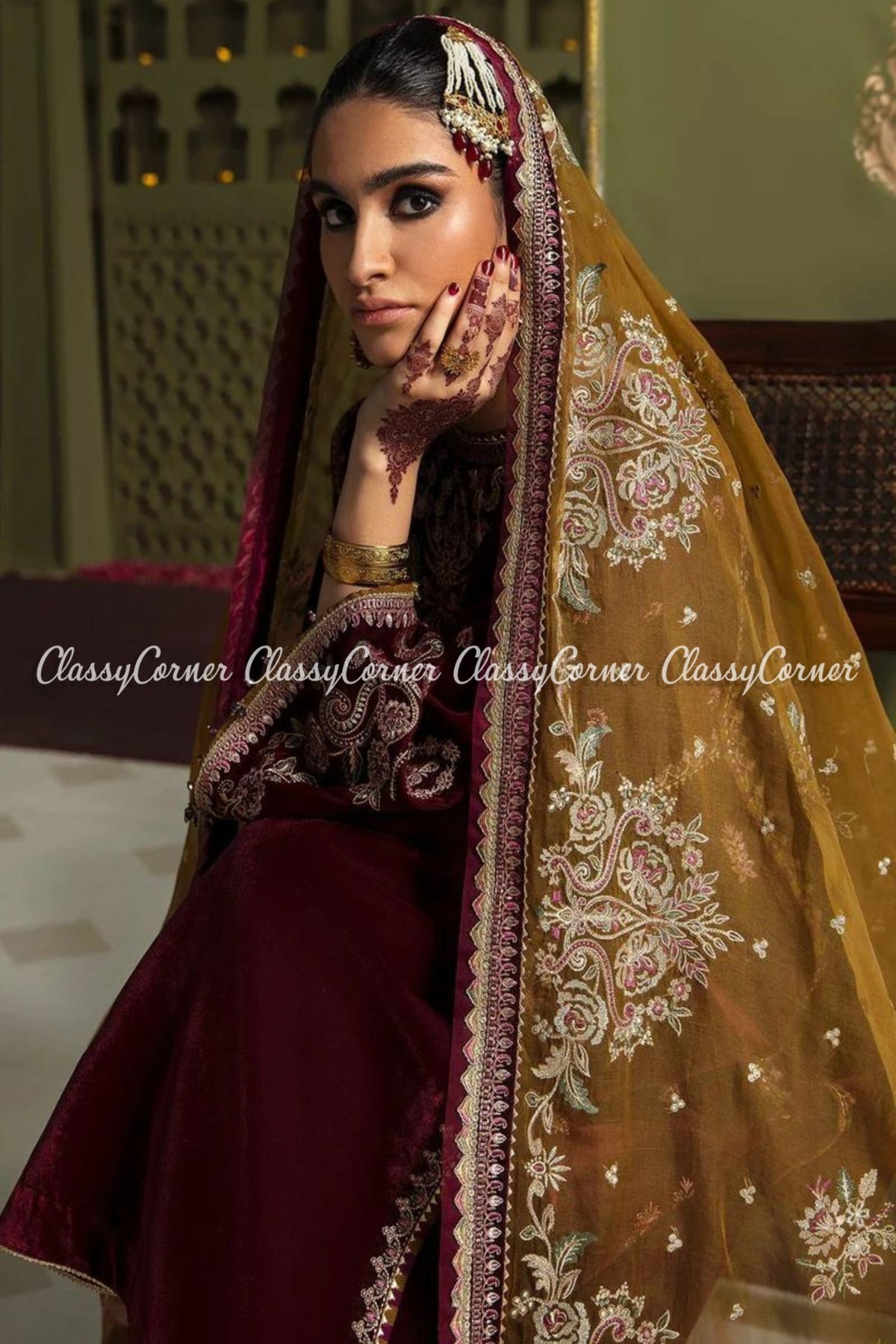 Maroon Mustard Velvet Embroidered Party Wear Suit