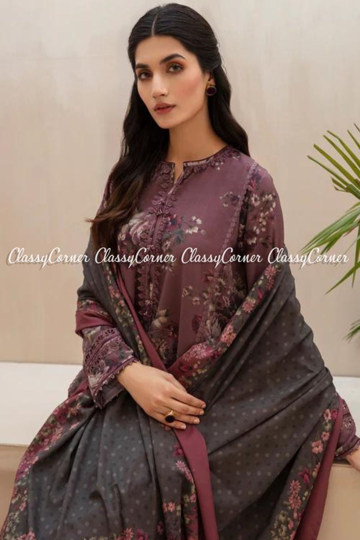 Mauve Floral Printed Viscose Salwar Kameez