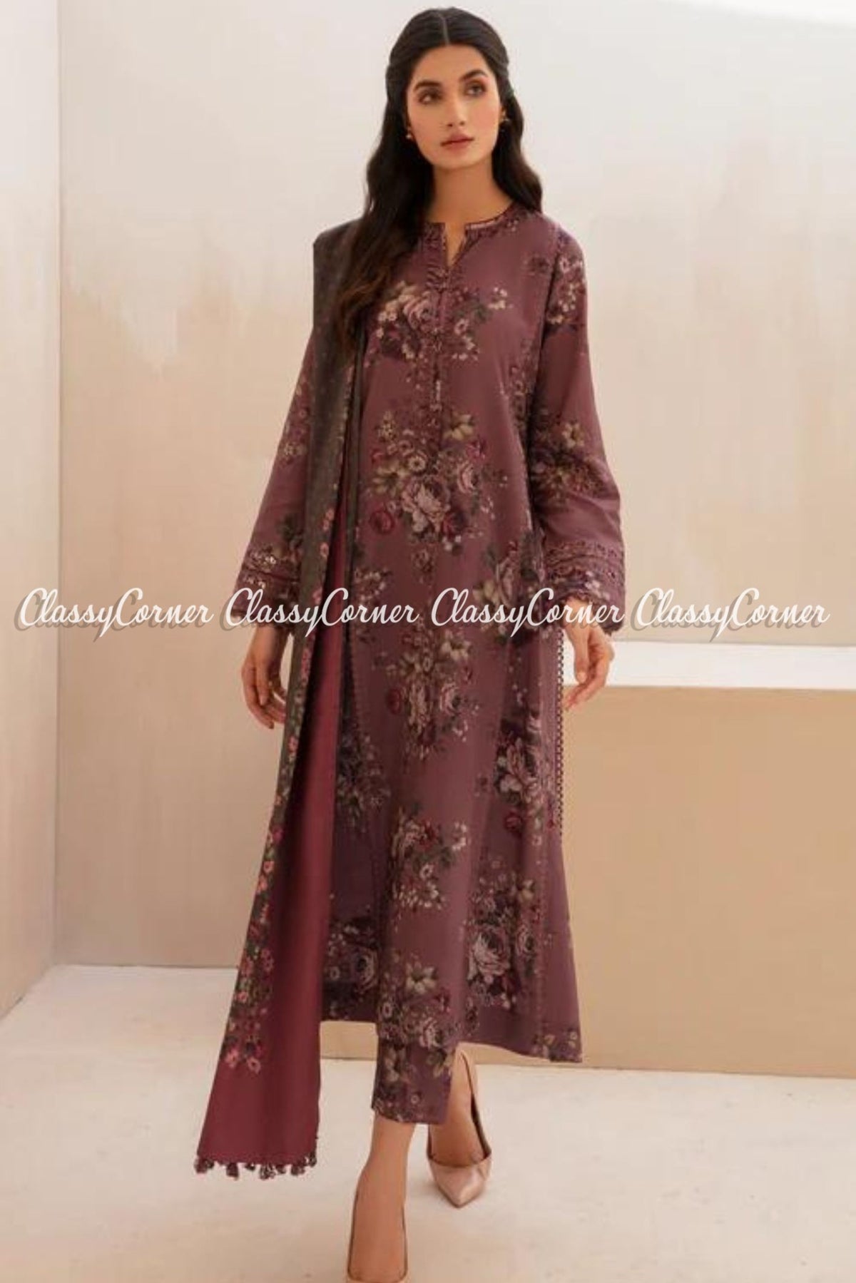 Mauve Floral Printed Viscose Salwar Kameez