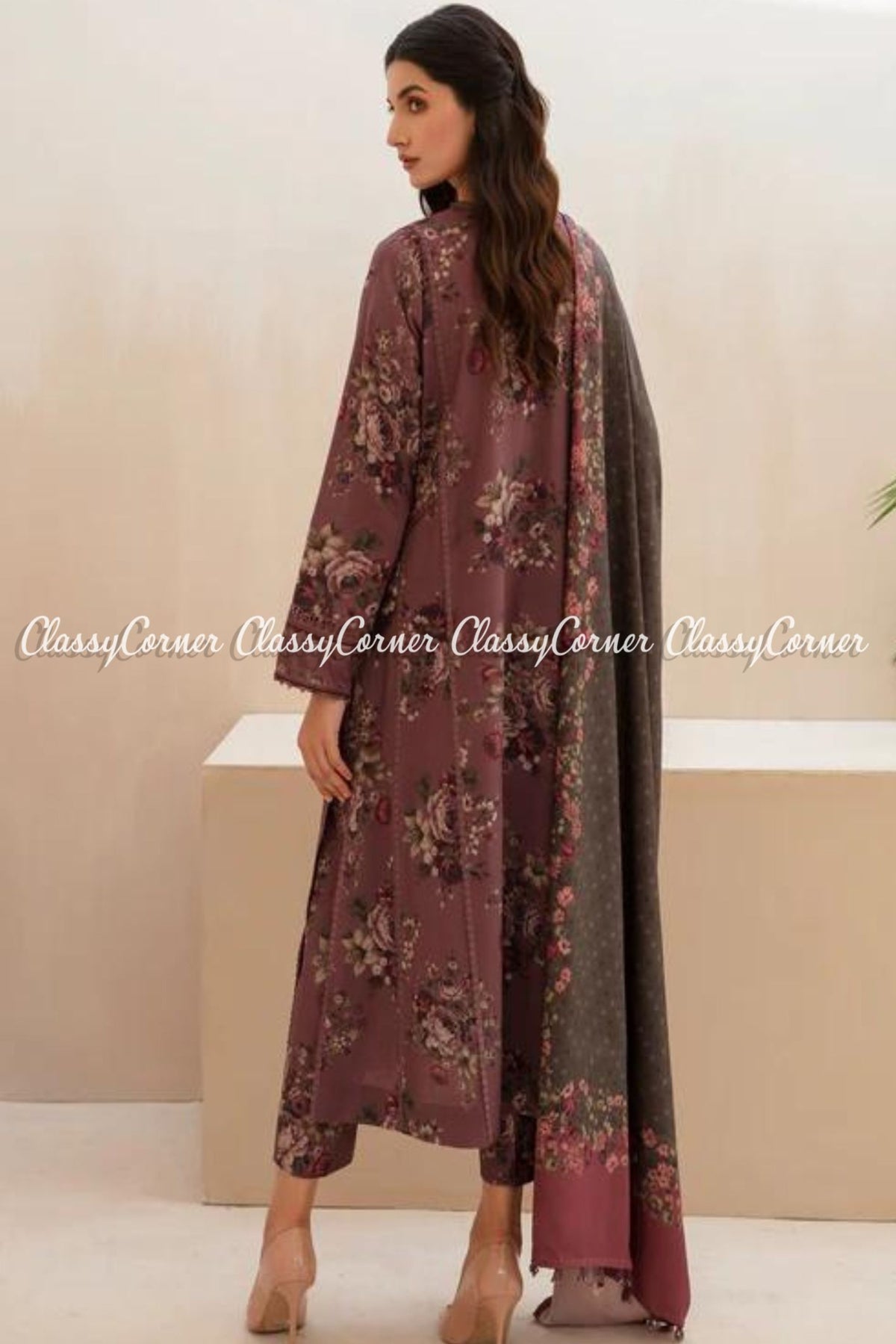 Mauve Floral Printed Viscose Salwar Kameez