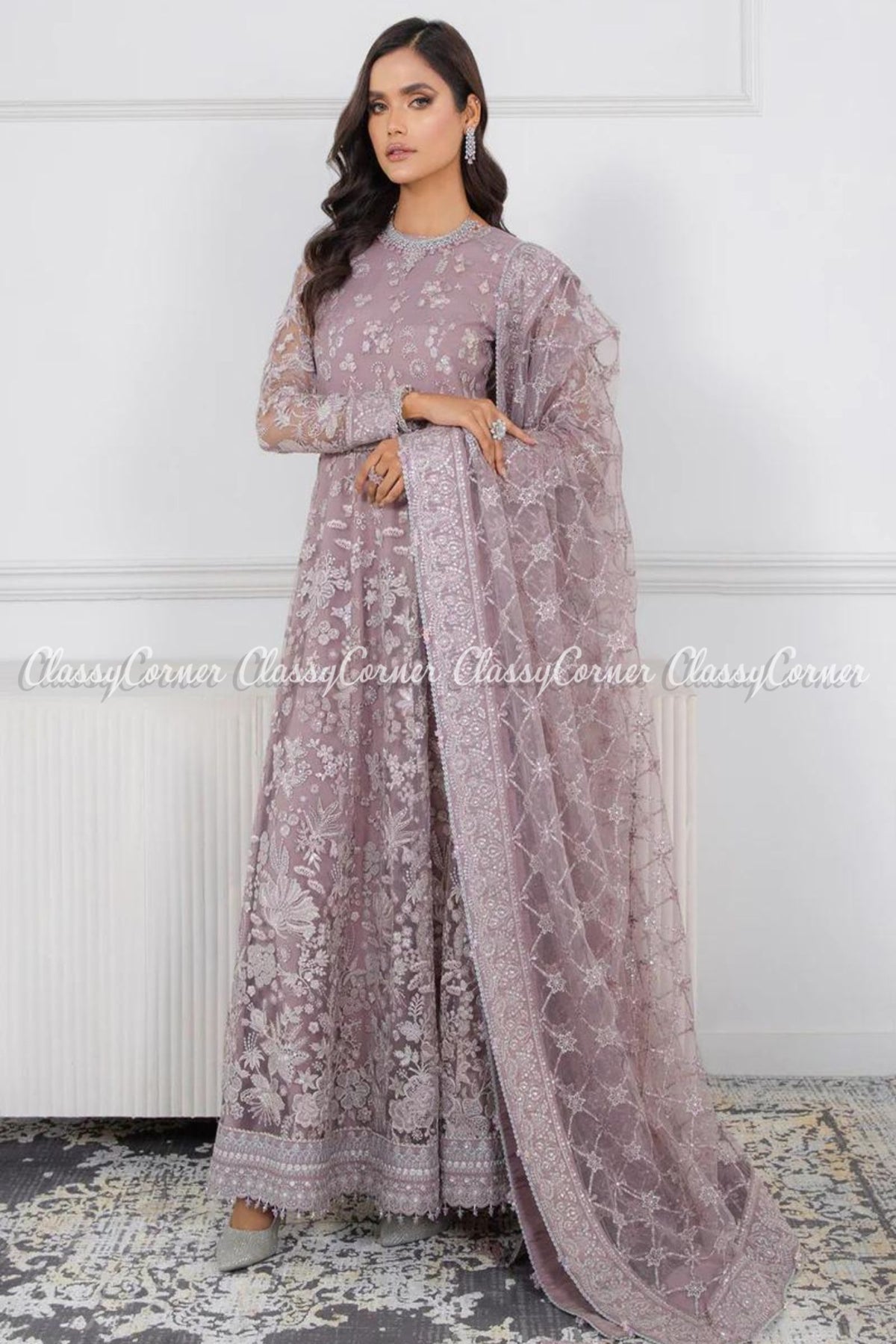 Readymade Mauve Net Embroidered Maxi Dress