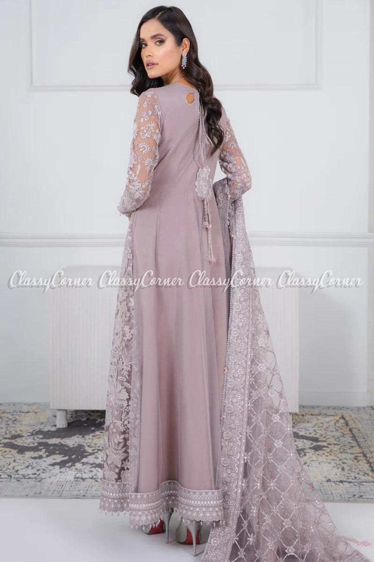 Readymade Mauve Net Embroidered Maxi Dress