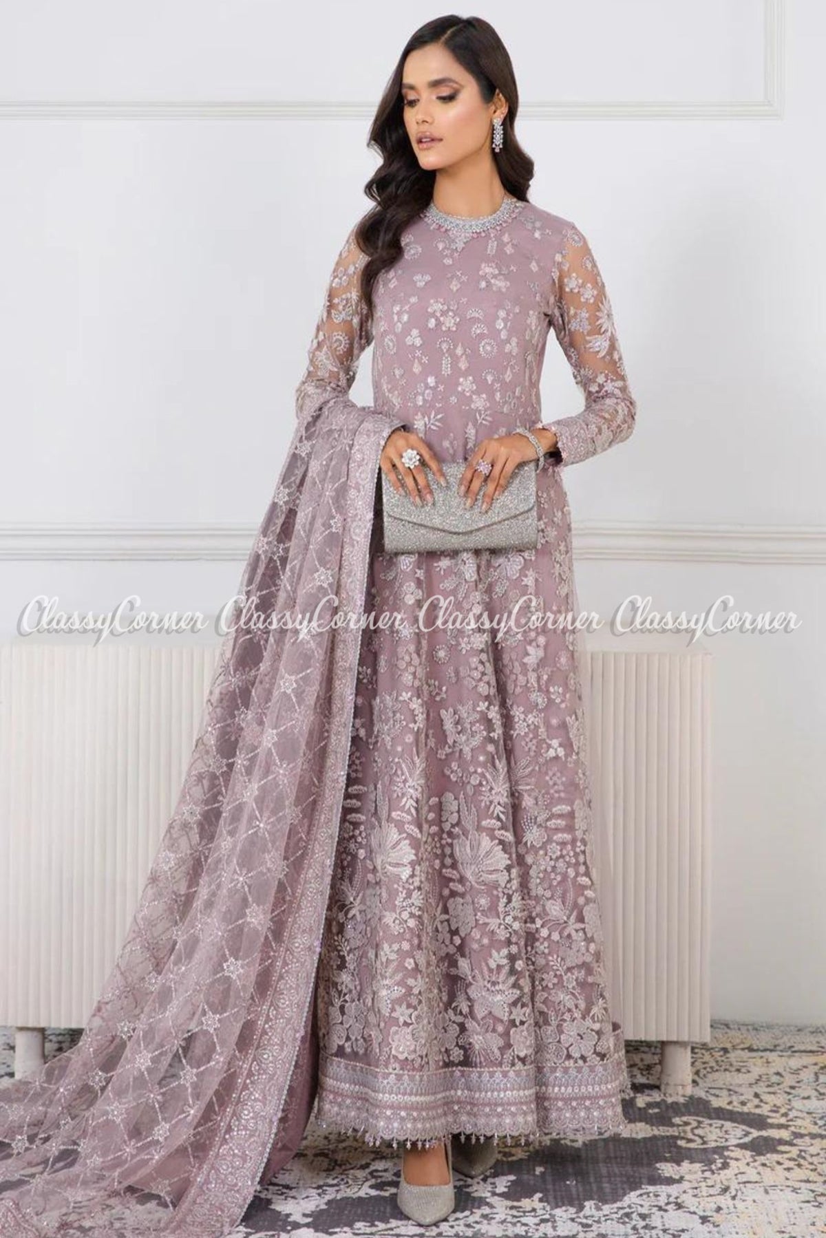 Readymade Mauve Net Embroidered Maxi Dress