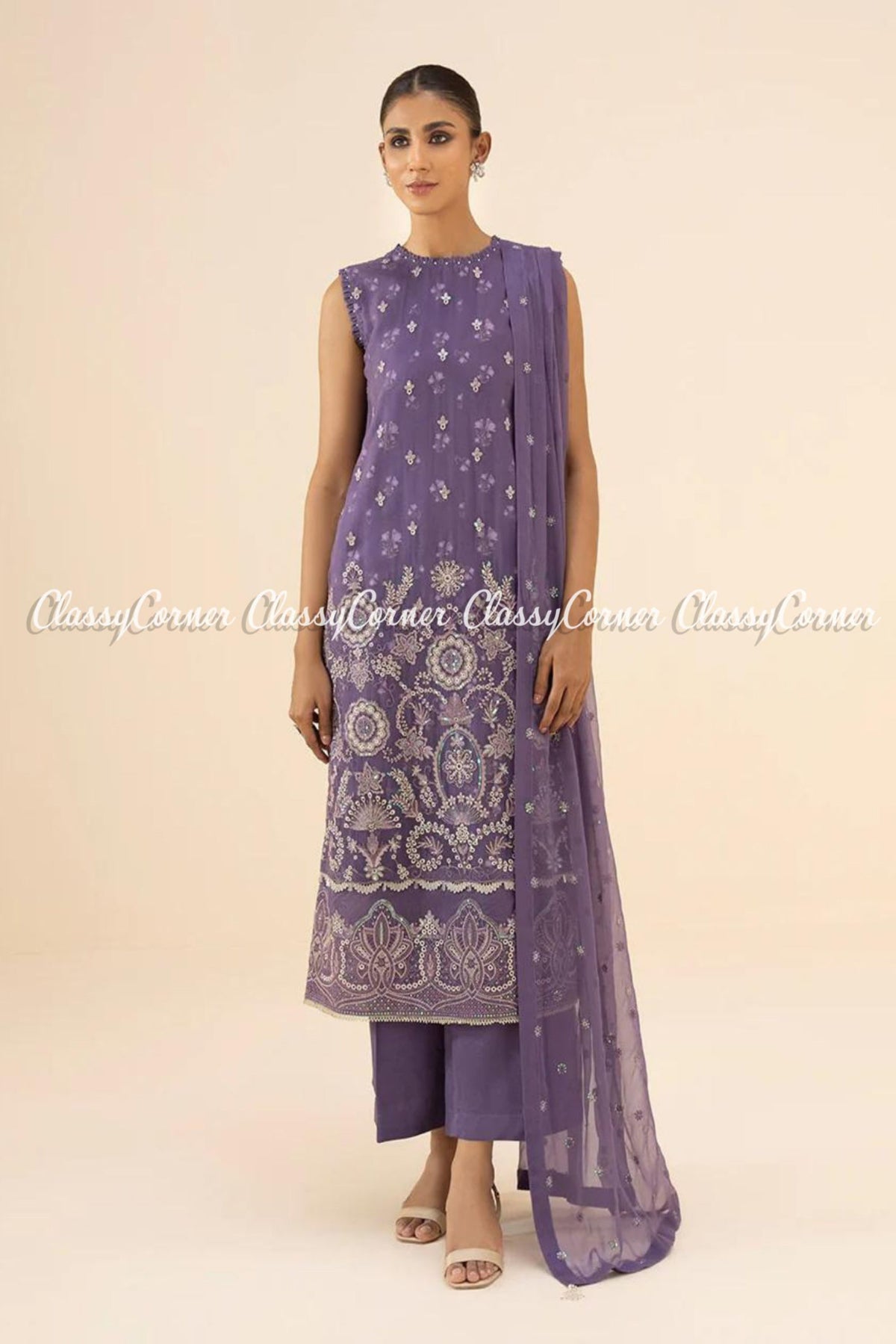 Mauve White Chiffon Embroidered Pakistani Salwar Kameez