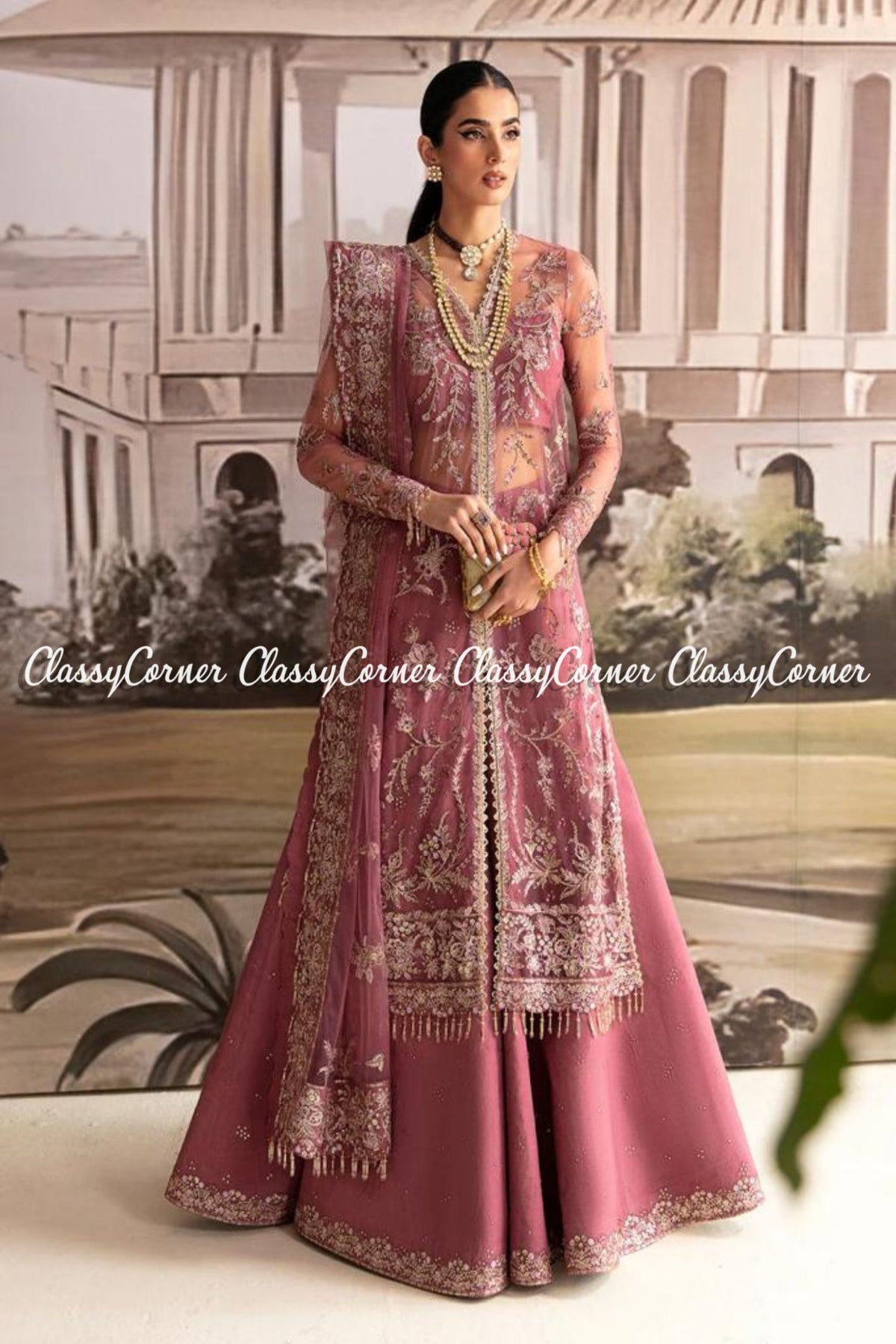 Mauve Golden Net Embroidered Wedding Wear Sharara