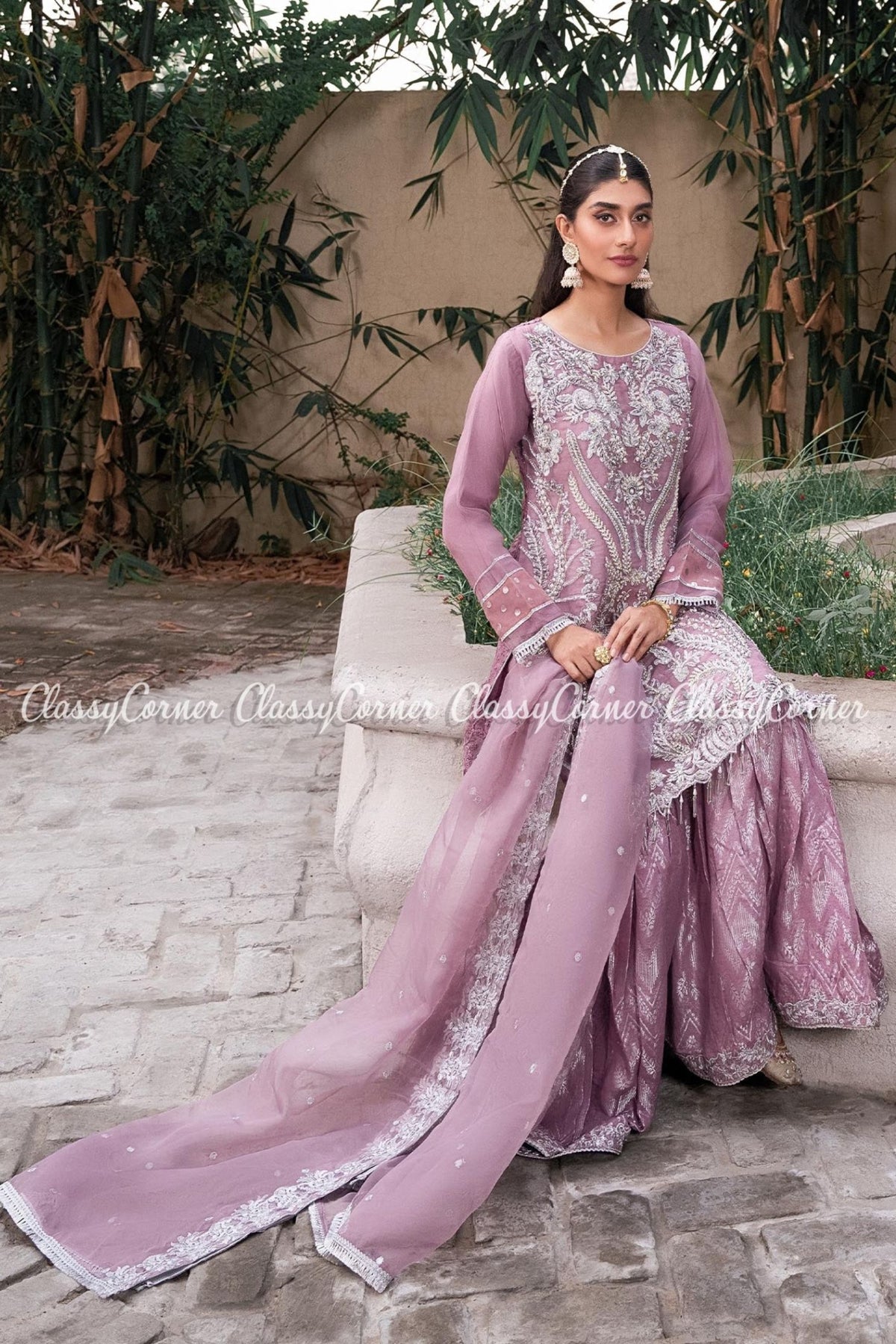 Mauve Silver Organza Party Wear Gharara