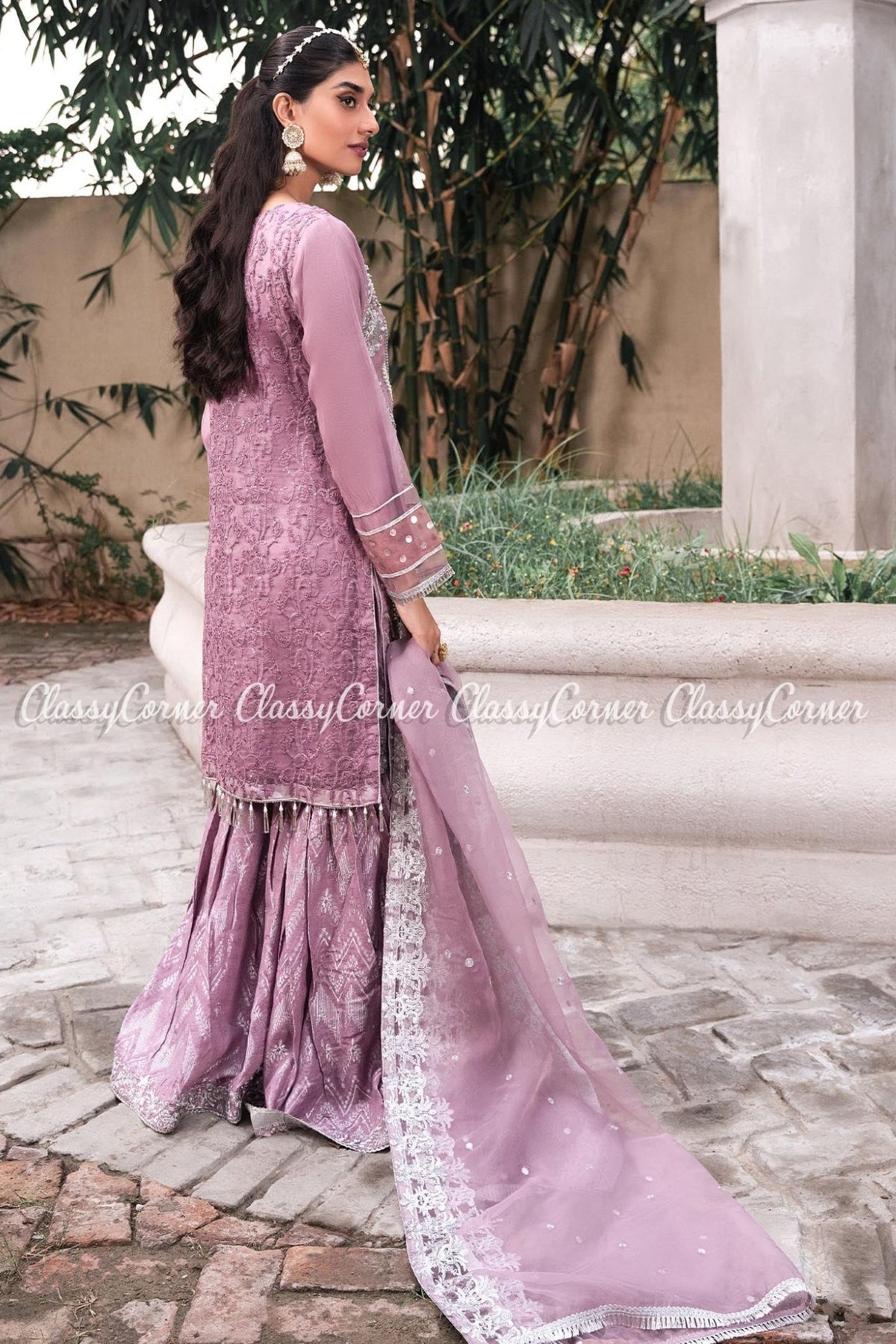 Mauve Silver Organza Party Wear Gharara