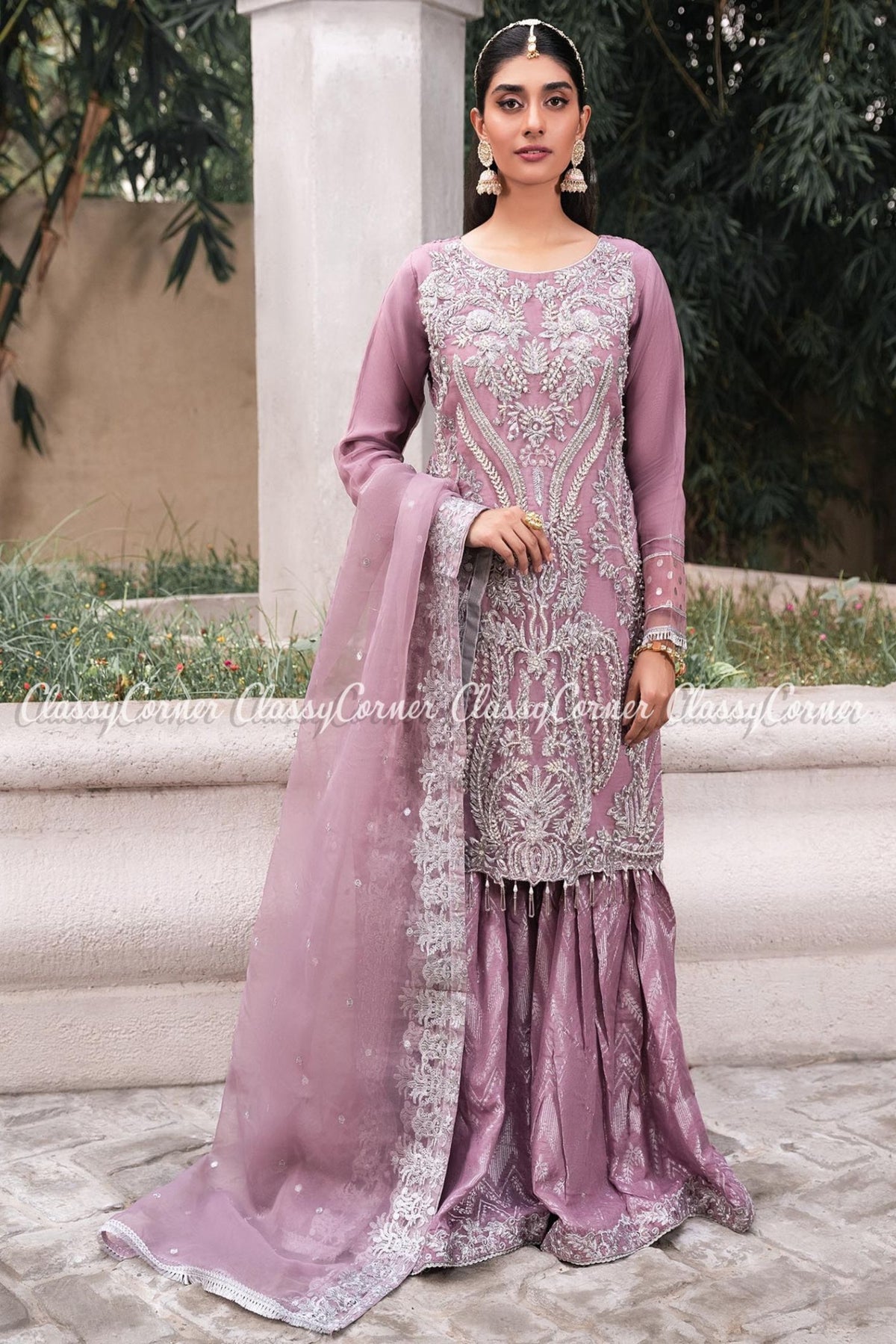 Mauve Silver Organza Party Wear Gharara