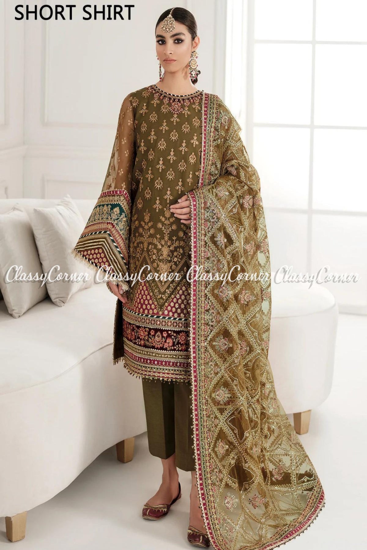 Pakistani Moss Green Chiffon Embroidered Salwar Kameez Sharara