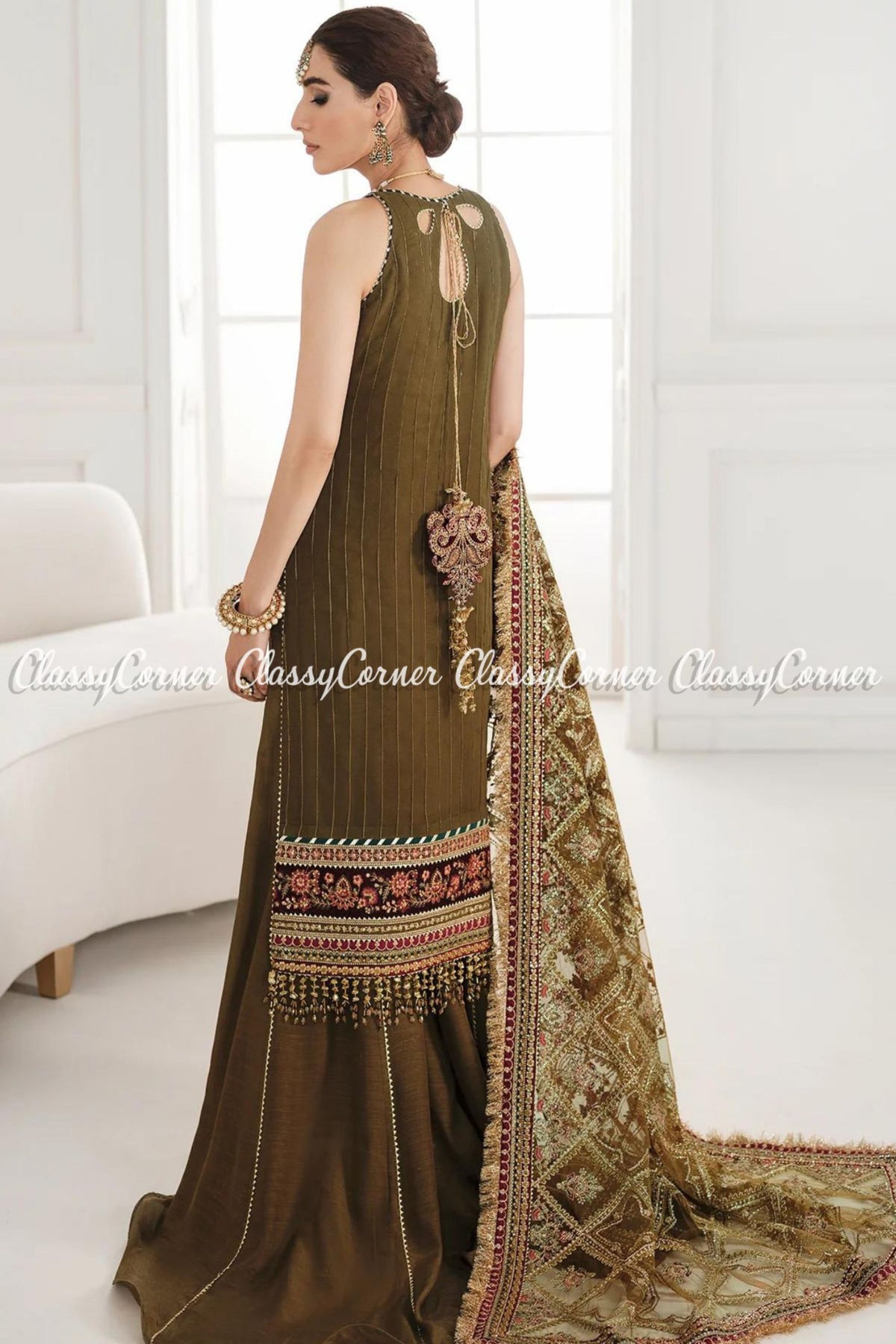 Pakistani Moss Green Chiffon Embroidered Salwar Kameez Sharara