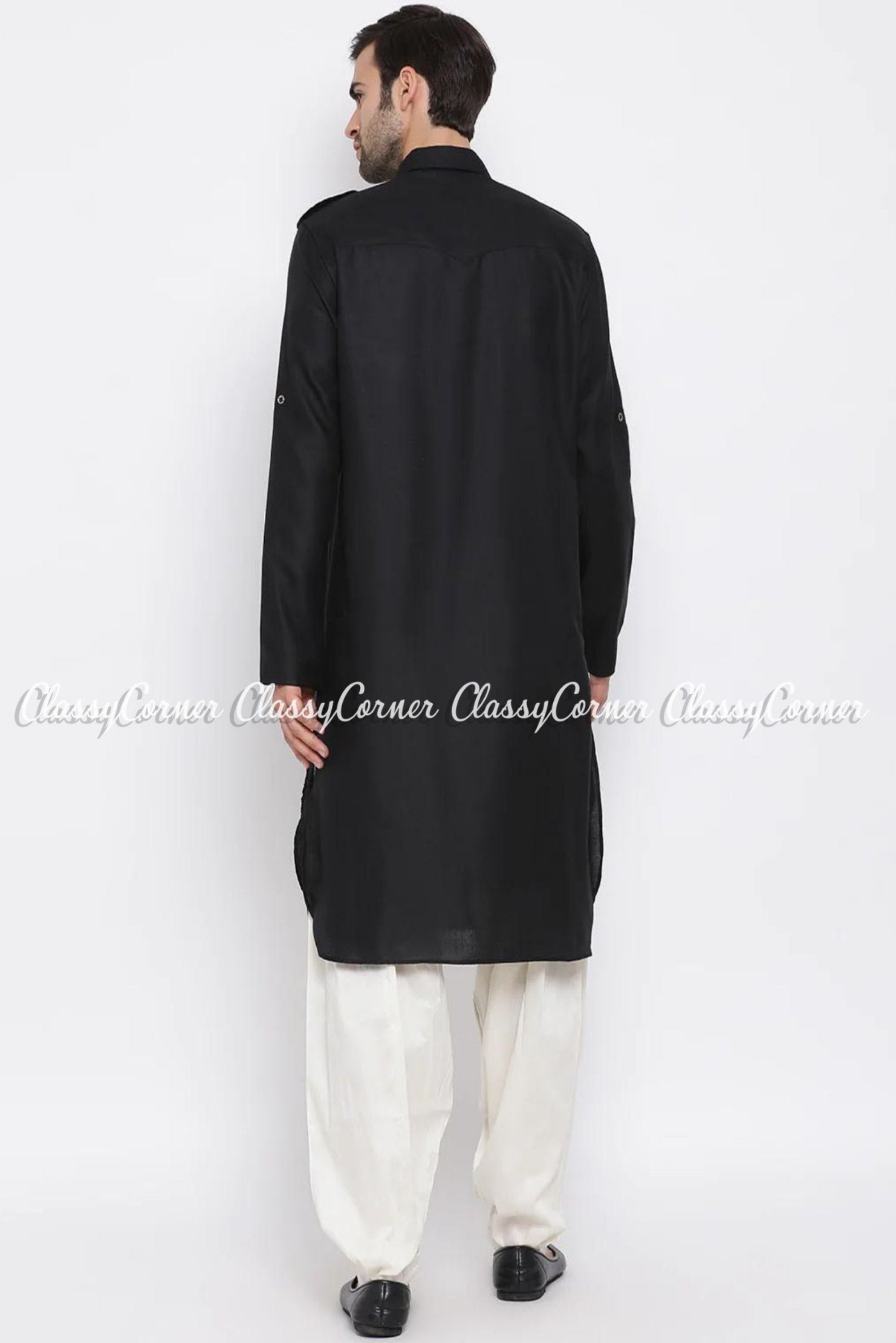 Men s Black Kurta Off White Pathani Suit Set Classy Corner