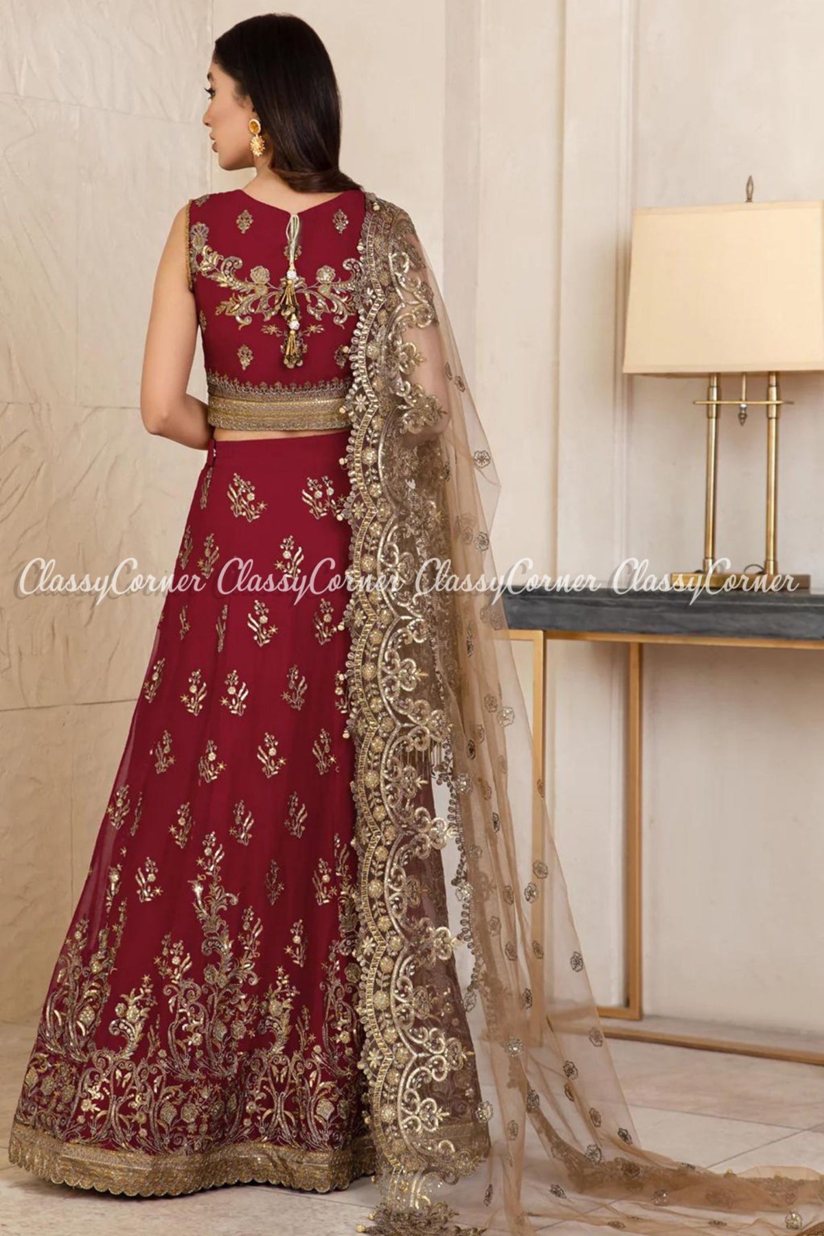 Maroon Copper Chiffon Embroidered Pakistani Lehenga Choli