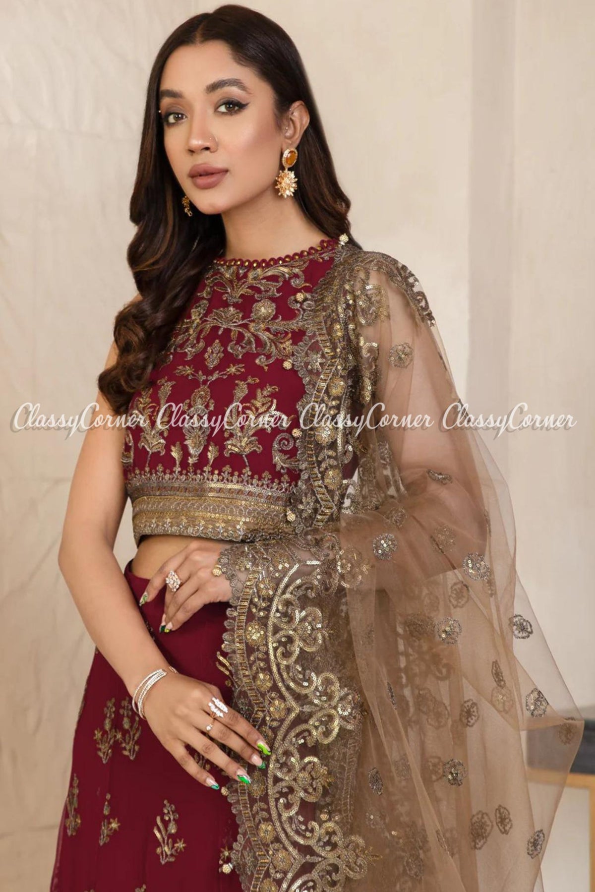 Maroon Copper Chiffon Embroidered Pakistani Lehenga Choli