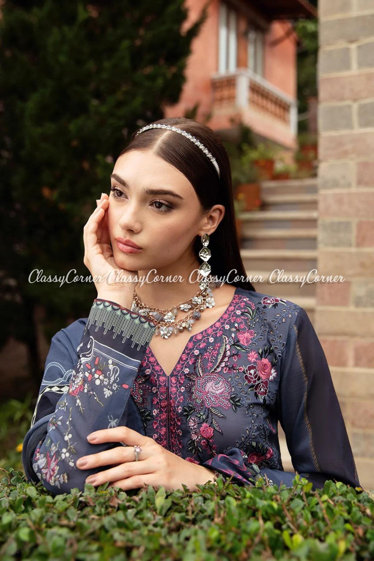 Midnight Blue Lawn Embroidered Salwar Kameez