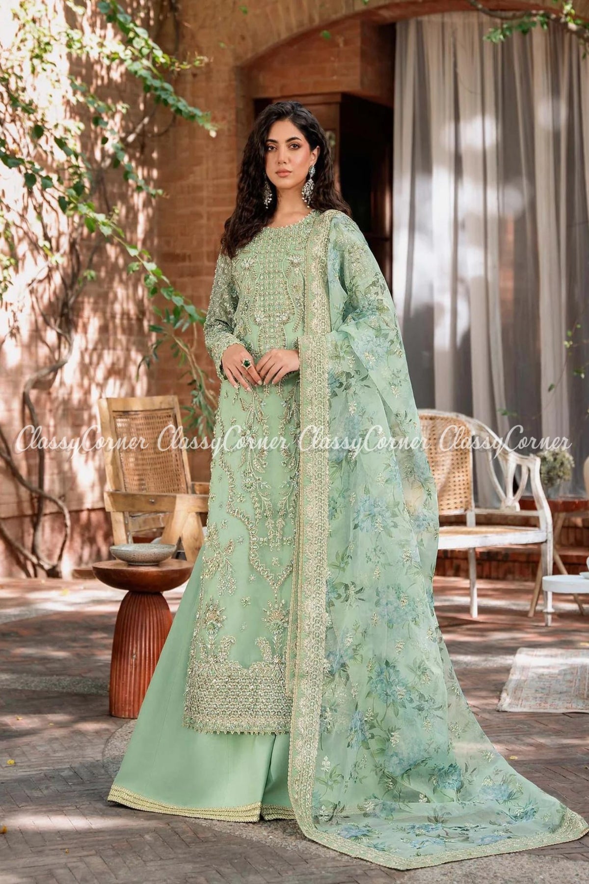 Mint Green Organza Embroidered Party Wear Sharara Outfit