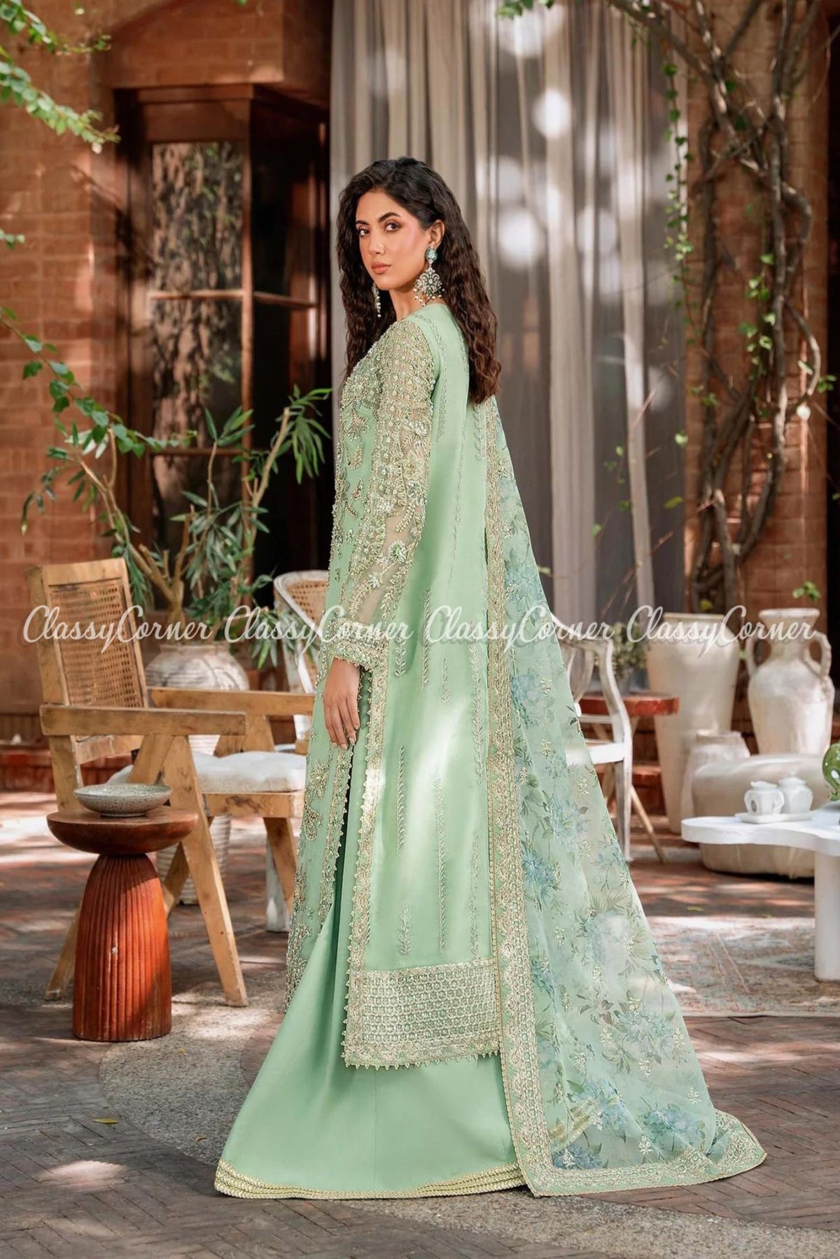 Mint Green Organza Embroidered Party Wear Sharara Outfit