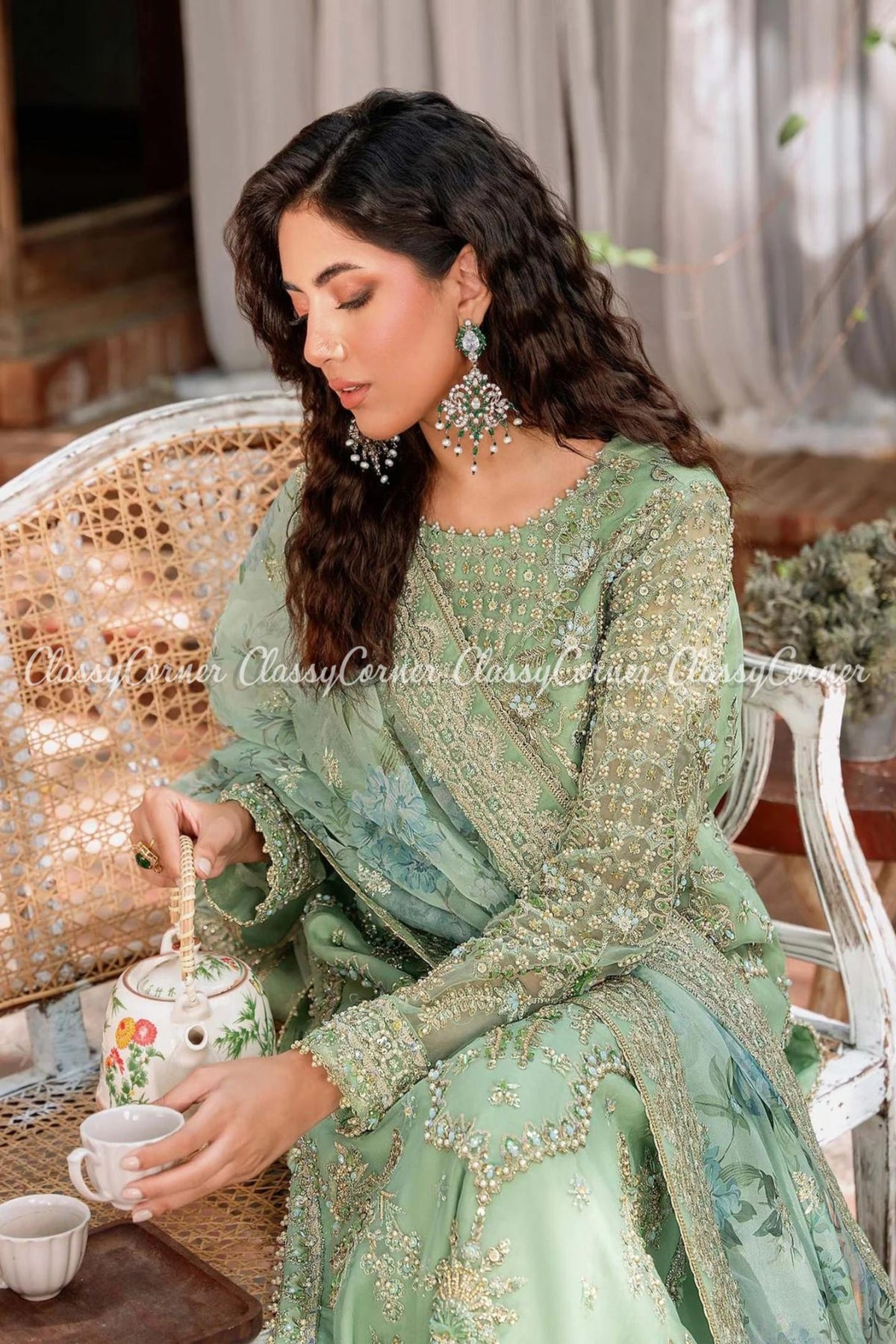 Mint Green Organza Embroidered Party Wear Sharara Outfit