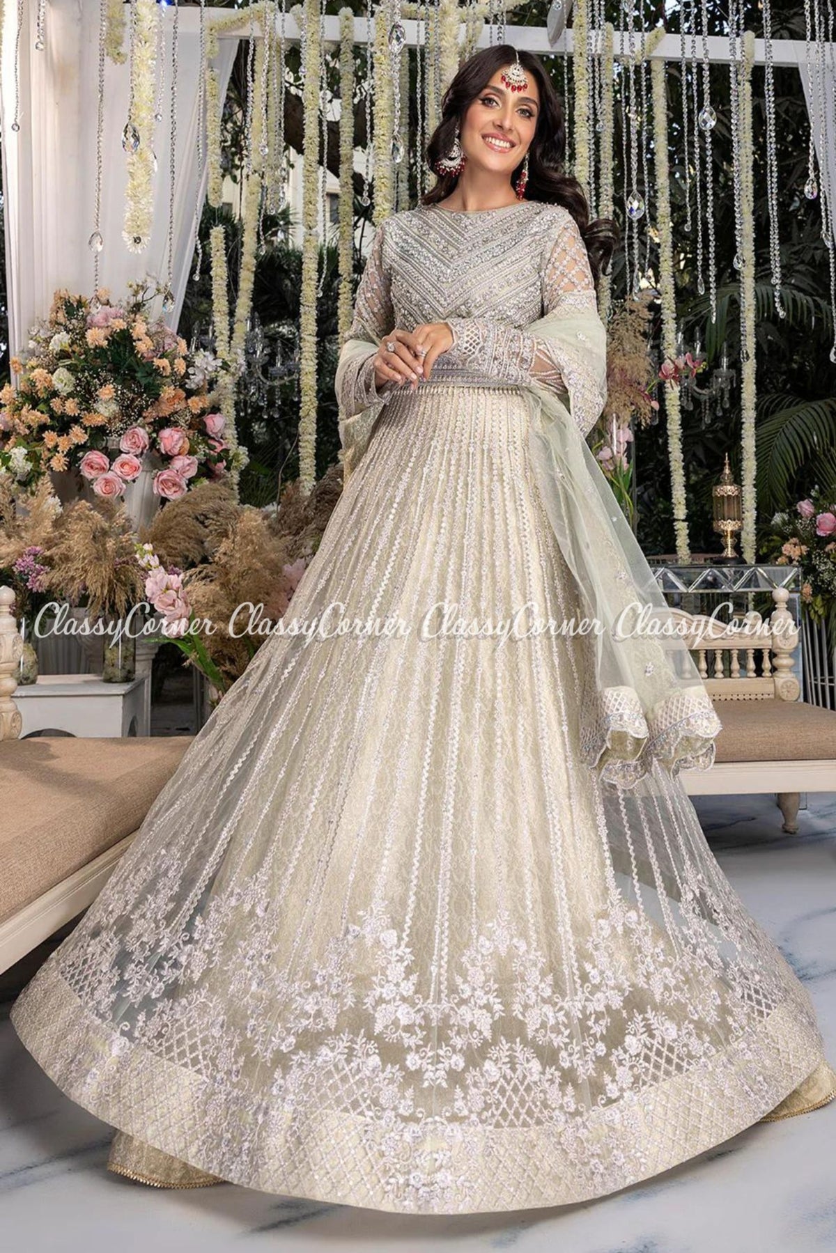 Mint Green Net Embellished Wedding Wear Gown Lehenga