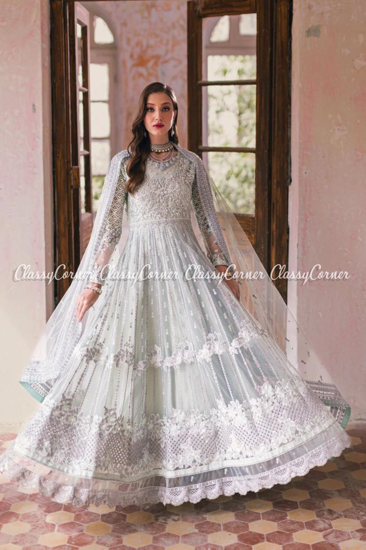 Mint Green Net Embellished Wedding Wear Gown