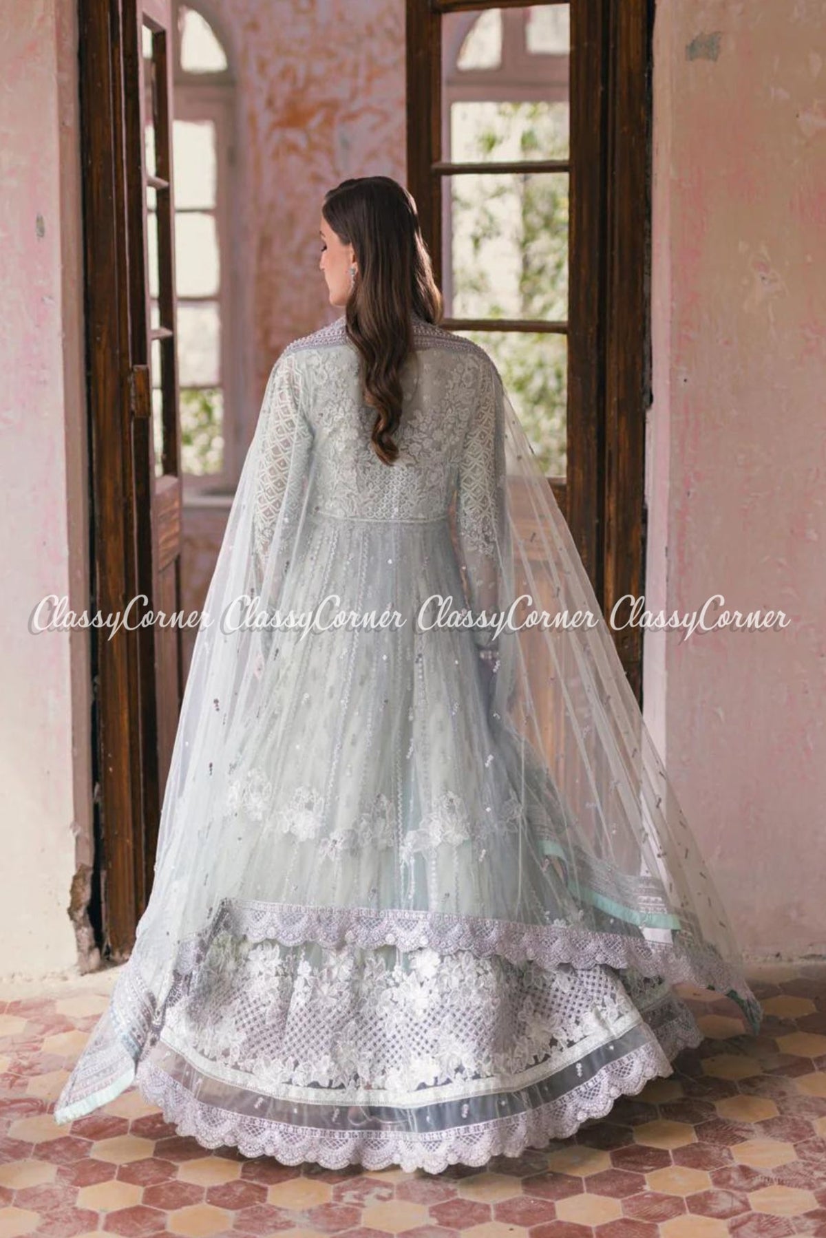 Mint Green Net Embellished Wedding Wear Gown