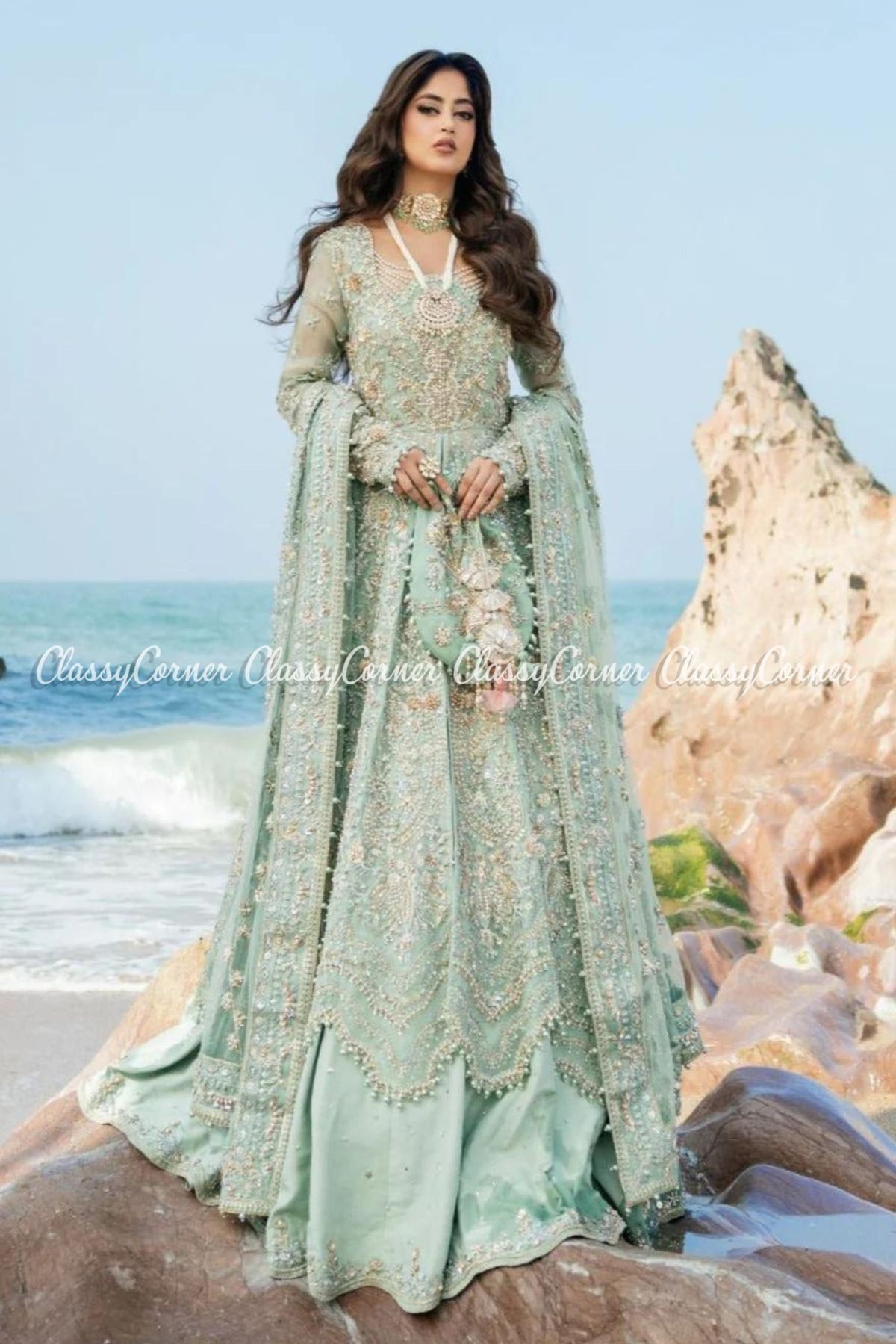 Mint Green Organza Embellished Bridal Wear Gown Lehenga