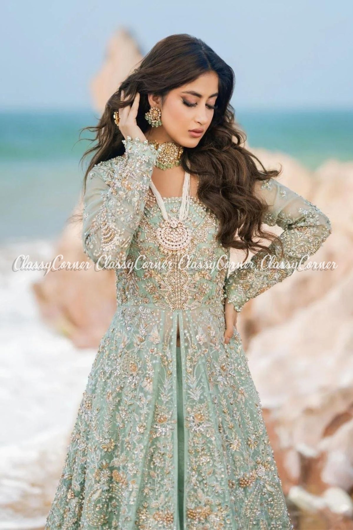 Mint Green Organza Embellished Bridal Wear Gown Lehenga