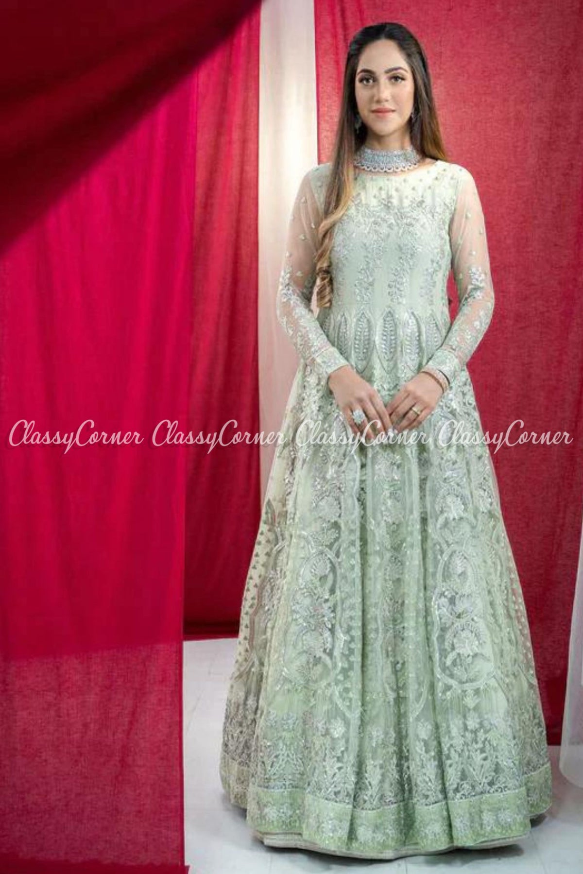 Mint Green Net Embroidered Party Wear Gown Dress