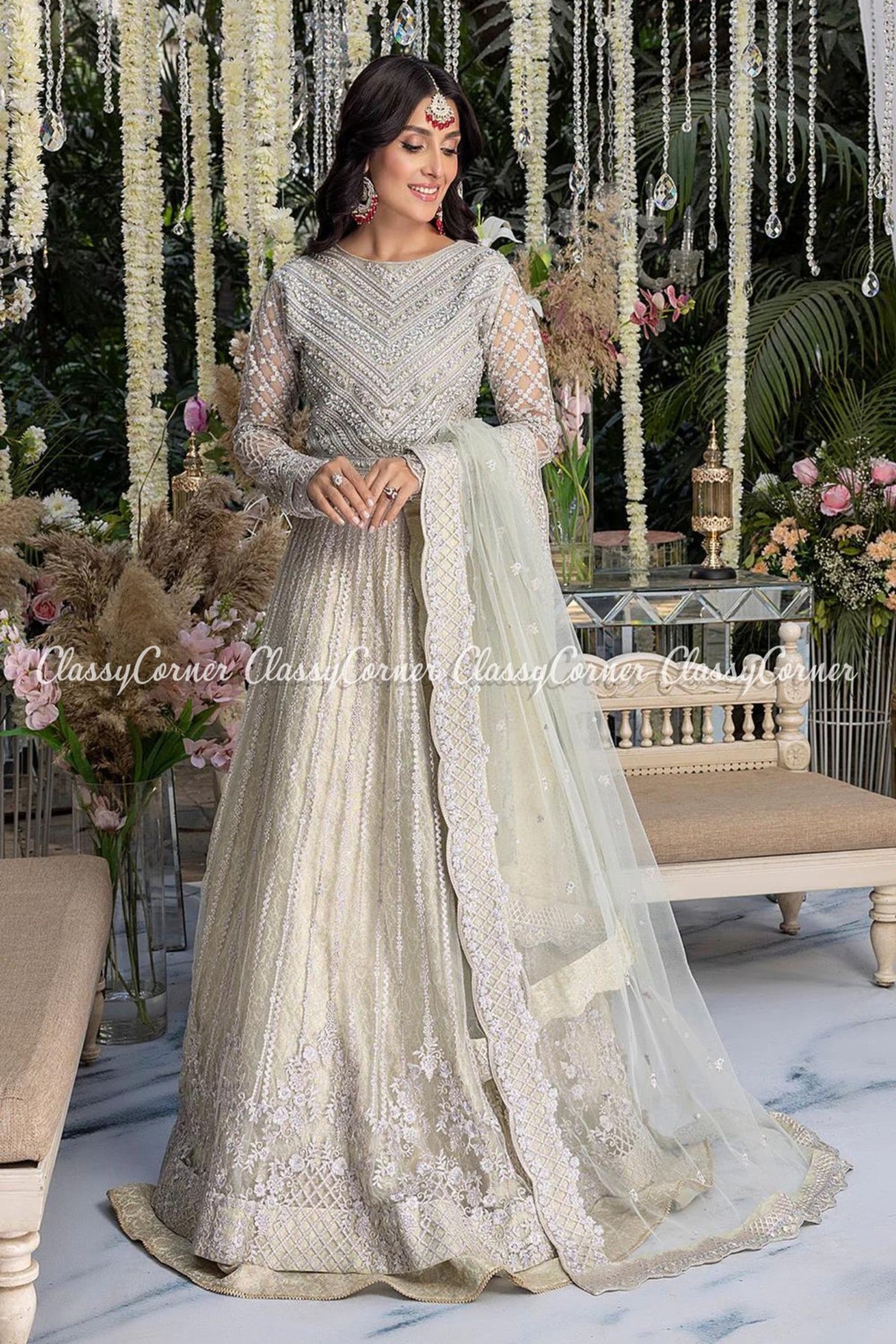 Mint Green Net Embellished Wedding Wear Gown Lehenga