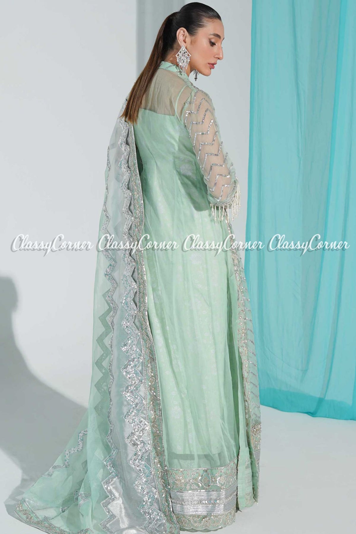 Mint Green Organza Embellished Wedding Wear Pakistani Gown