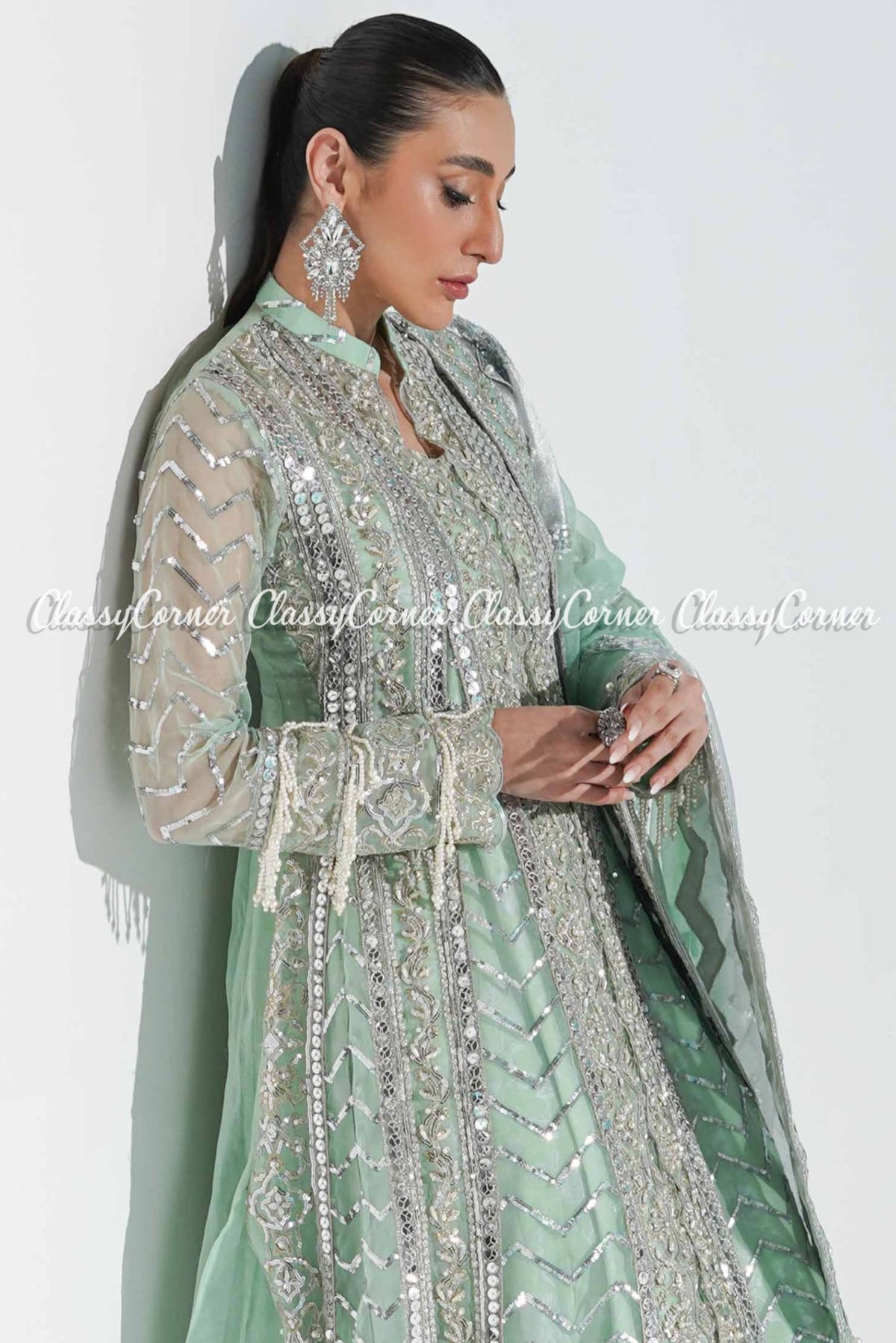 Mint Green Organza Embellished Wedding Wear Pakistani Gown