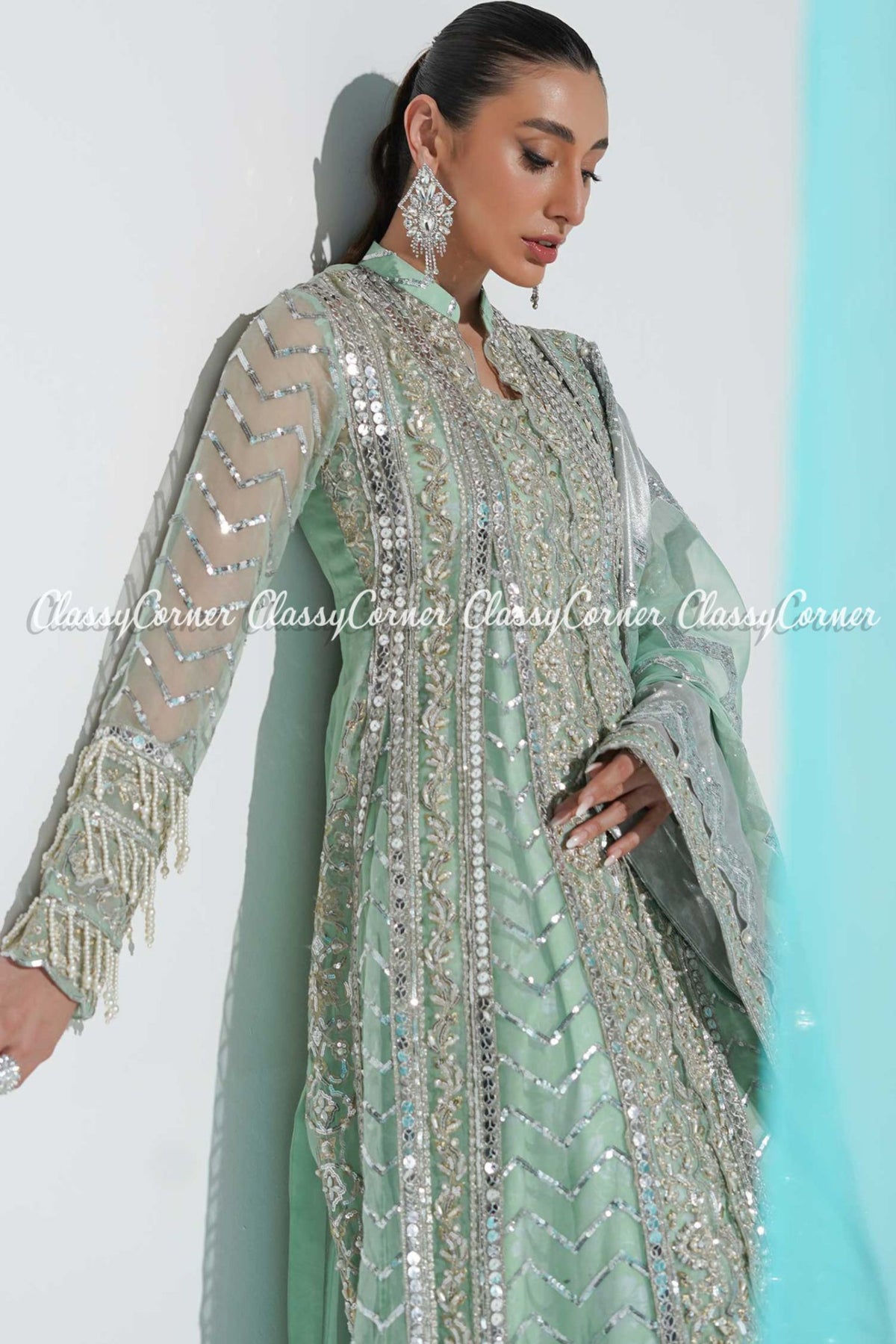 Mint Green Organza Embellished Wedding Wear Pakistani Gown