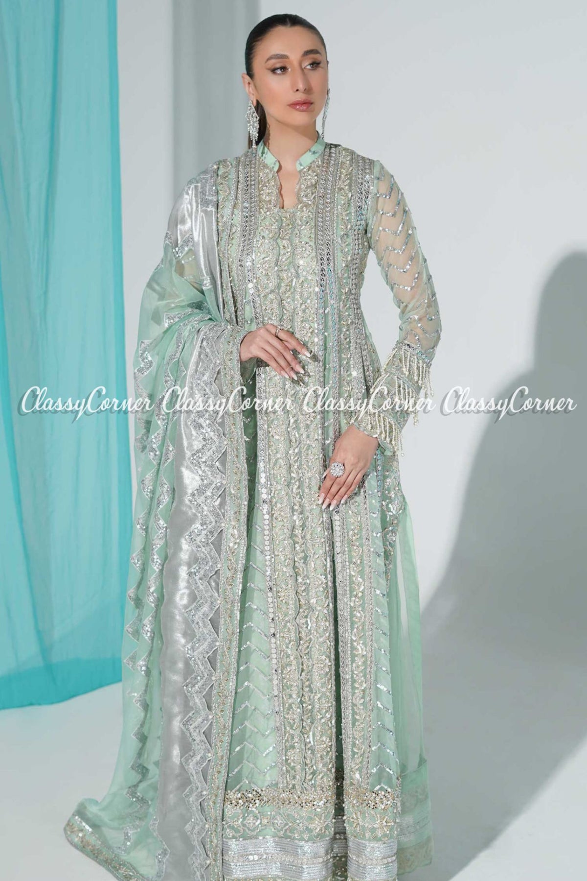 Mint Green Organza Embellished Wedding Wear Pakistani Gown