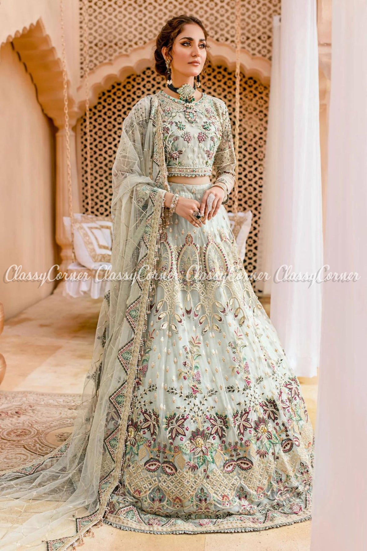 Mint Green Net Embellished Wedding Wear Lehenga Choli