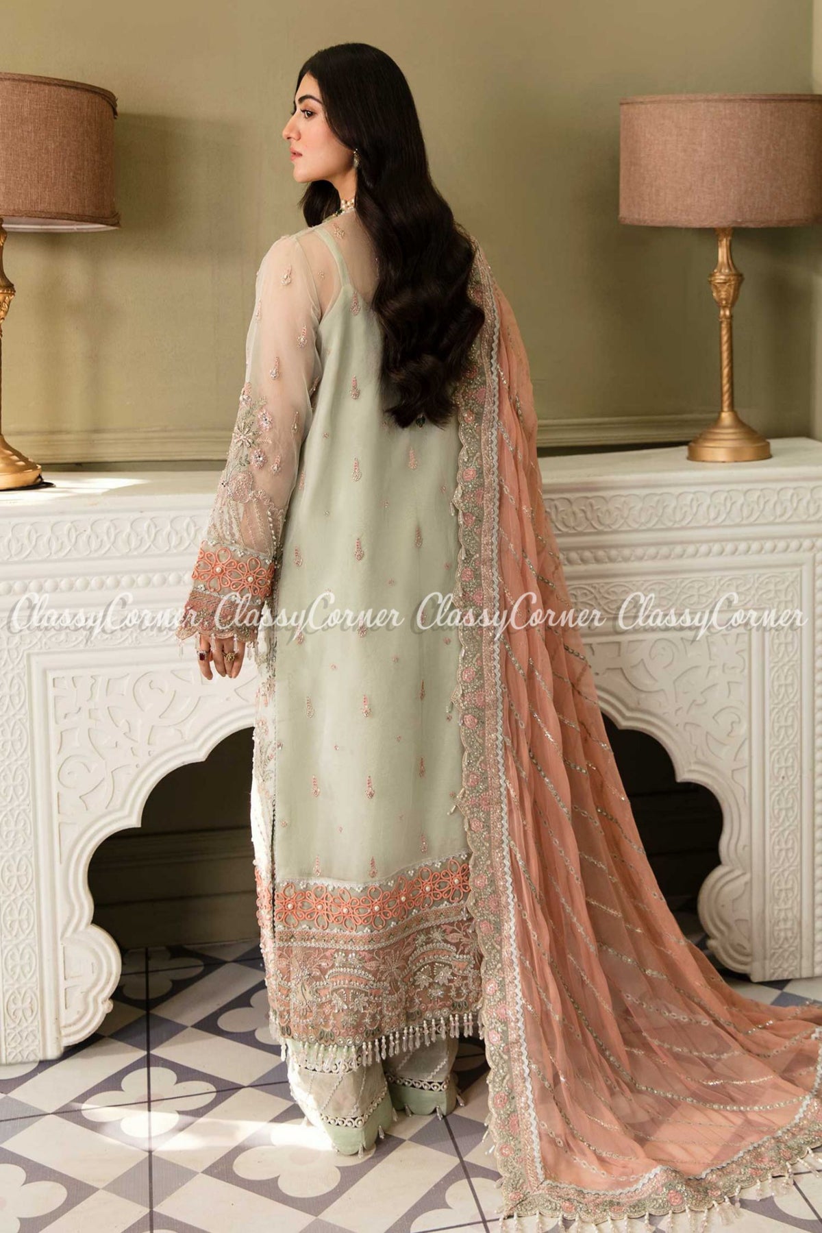 Mint Green Peach Organza Embellished Salwar Kameez