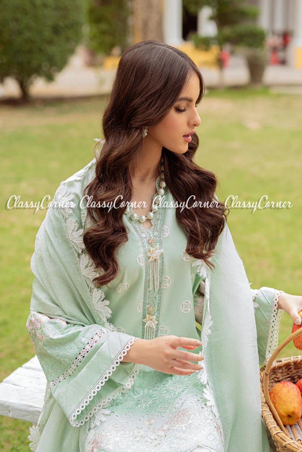 Mint Green White Schiffli Lawn Embroidered Dress