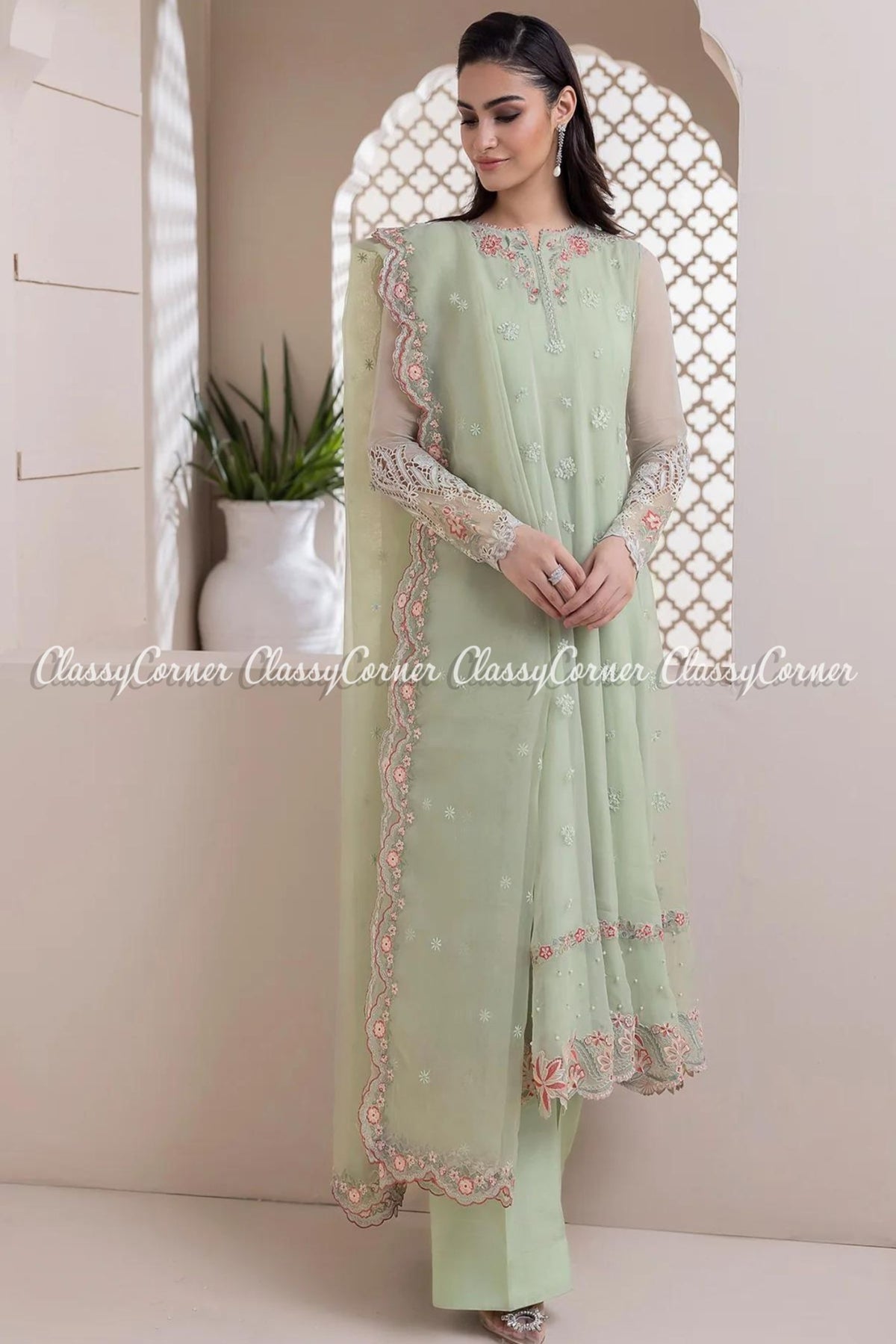 Mint Green Chiffon Embroidered Pakistani Suit