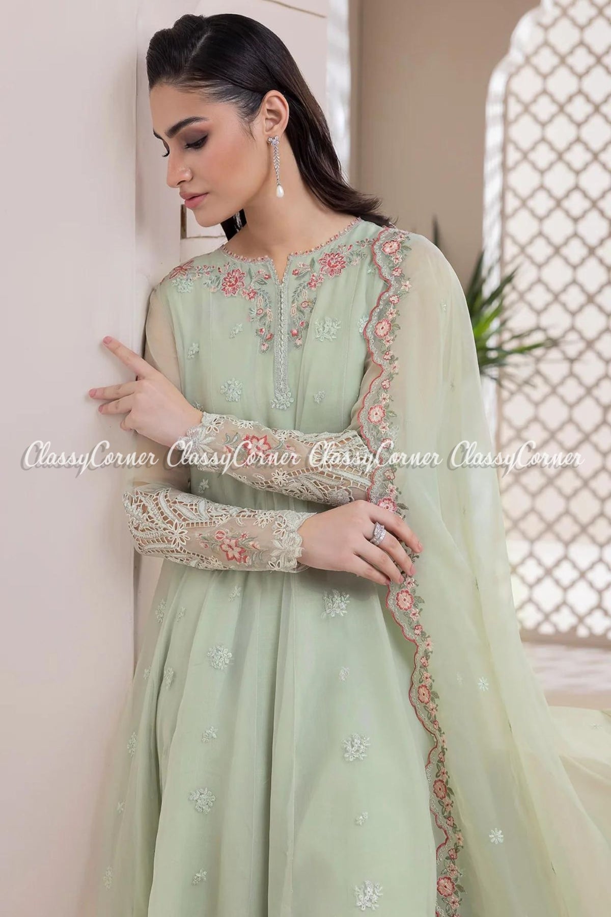 Mint Green Chiffon Embroidered Pakistani Suit