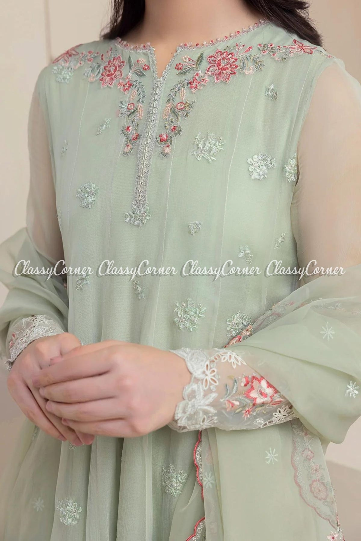 Mint Green Chiffon Embroidered Pakistani Suit