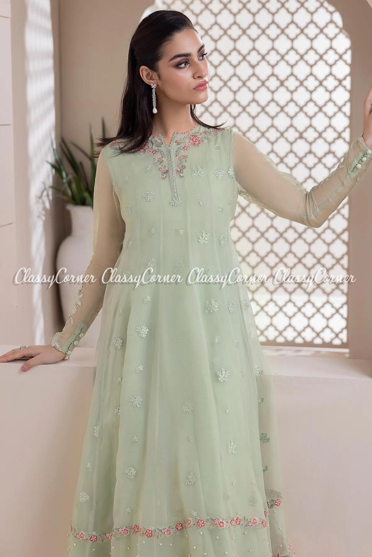 Mint Green Chiffon Embroidered Pakistani Suit