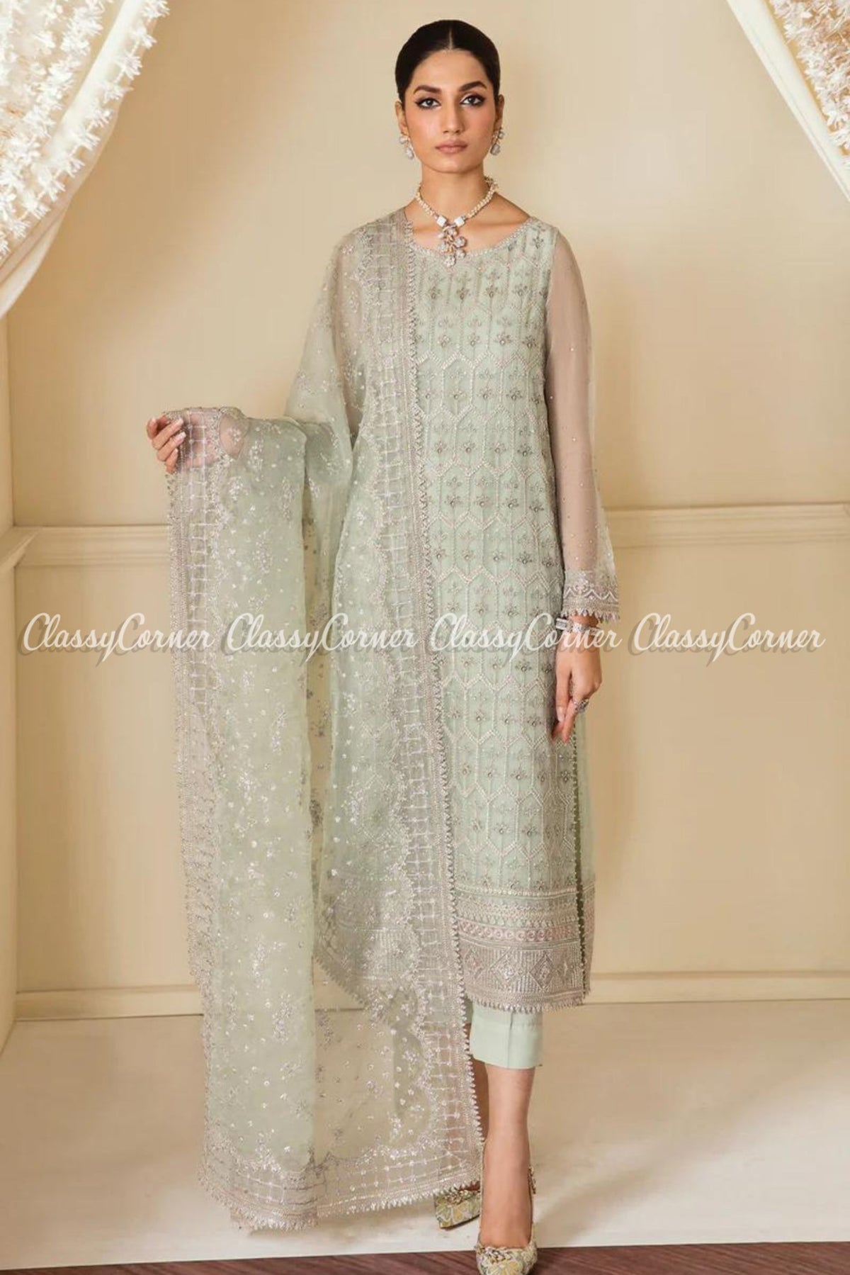 Pakistani Mint Green Chiffon Embroidered Salwar Kameez