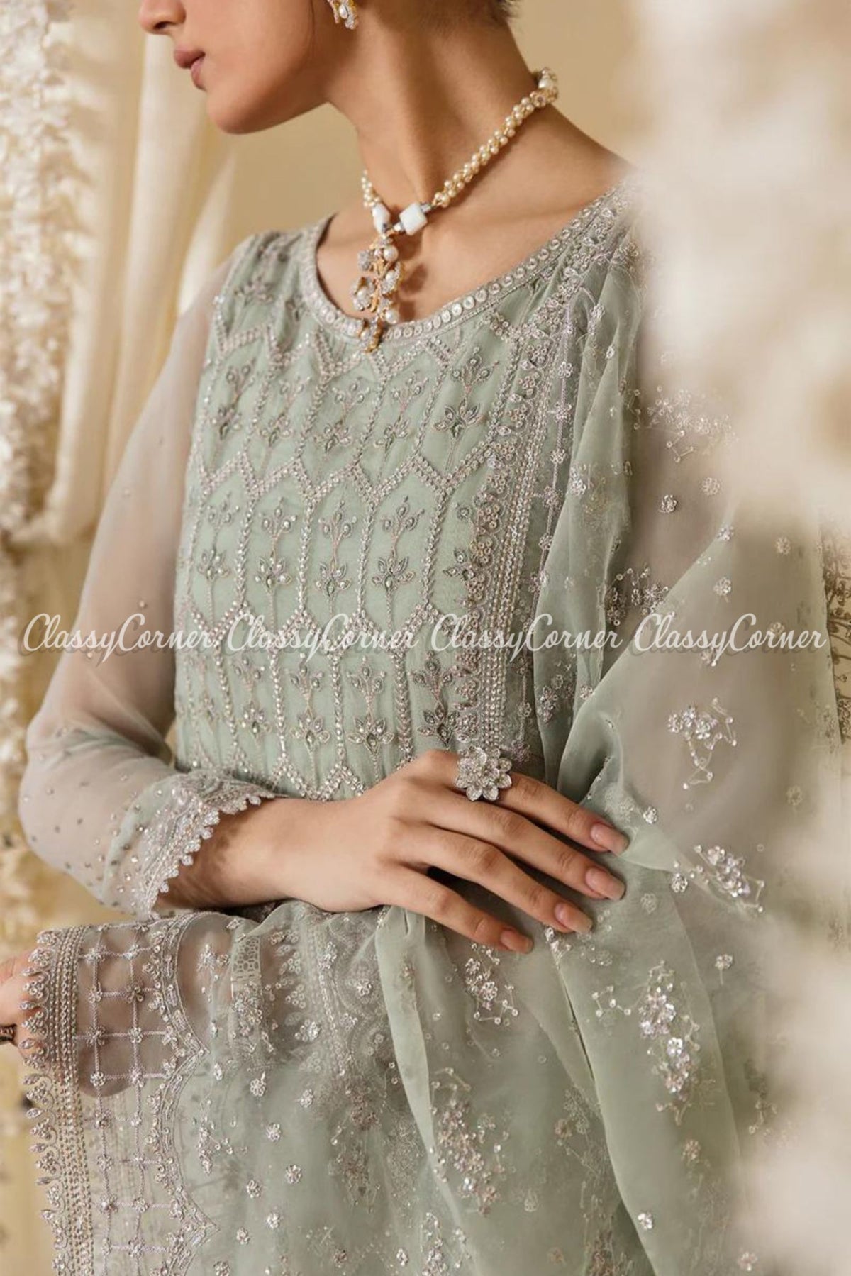 Pakistani Mint Green Chiffon Embroidered Salwar Kameez