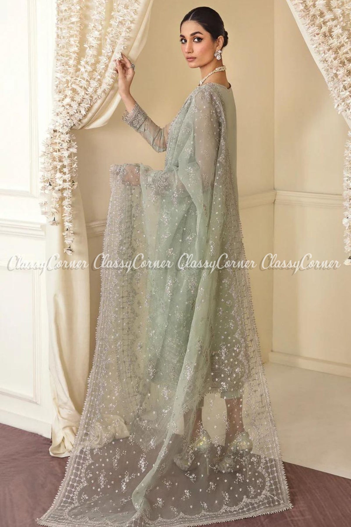 Pakistani Mint Green Chiffon Embroidered Salwar Kameez